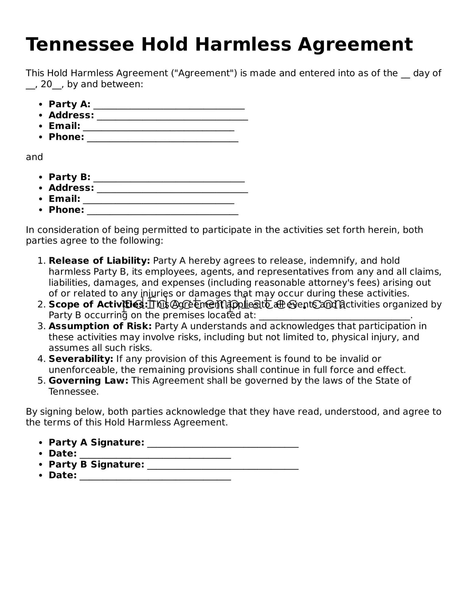 Blank  Hold Harmless Agreement Document for Tennessee