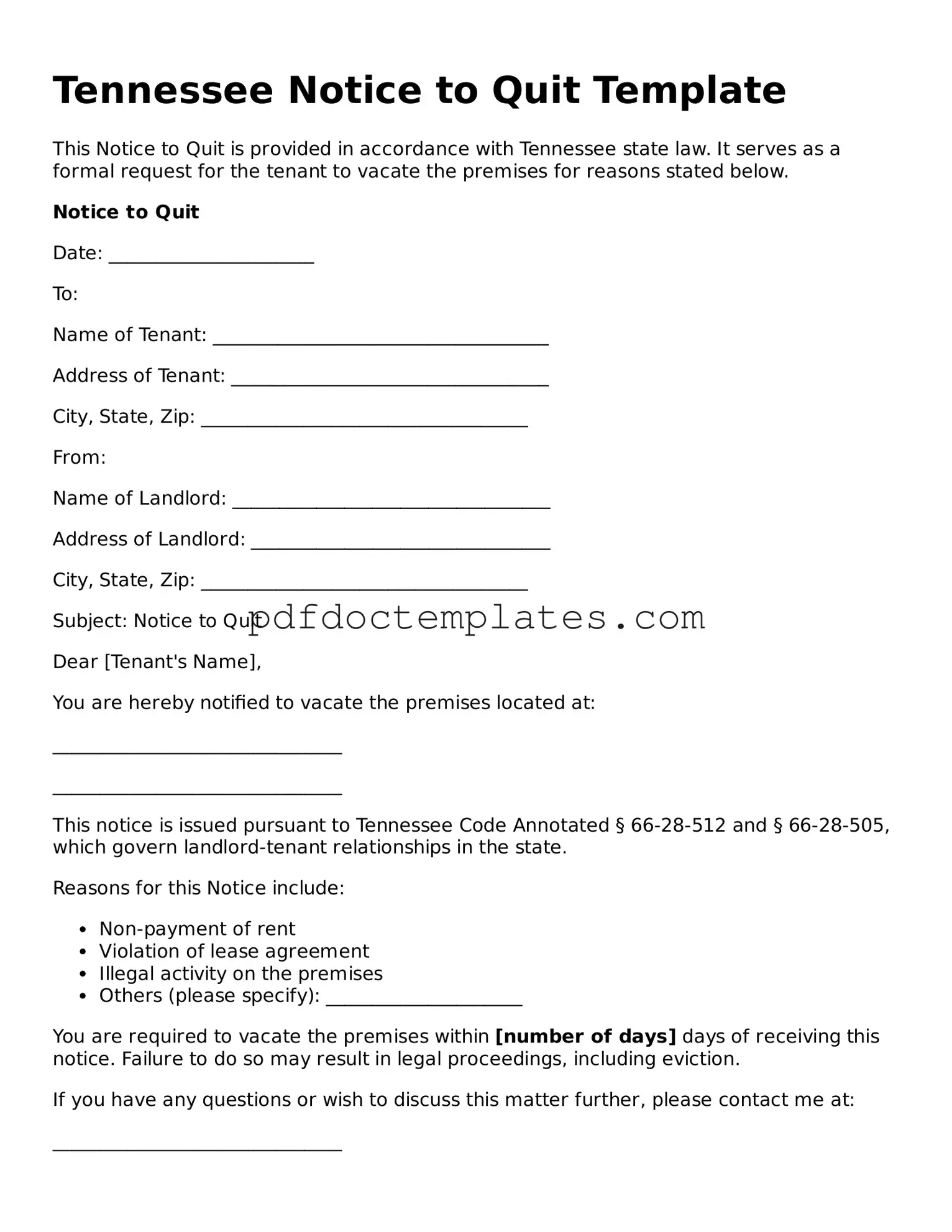 Blank  Notice to Quit Document for Tennessee