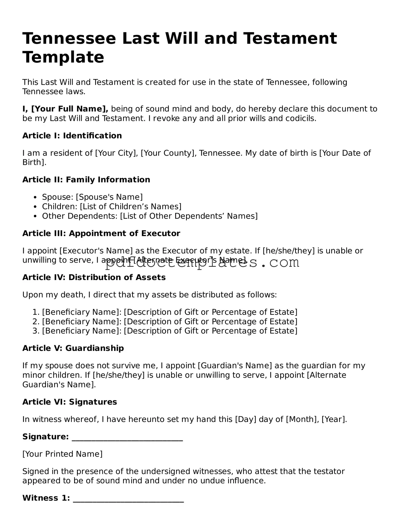 Blank  Last Will and Testament Document for Tennessee