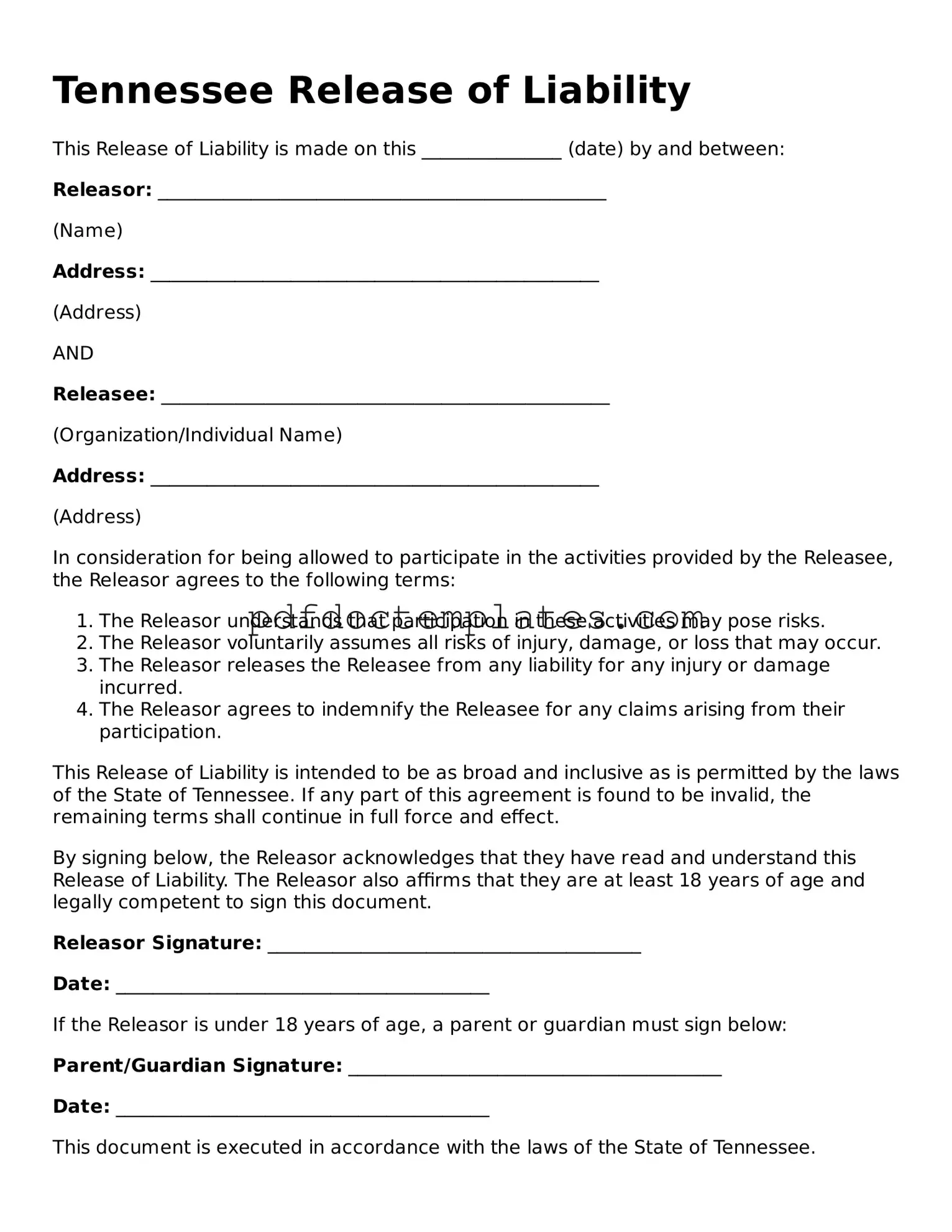 Blank  Release of Liability Document for Tennessee