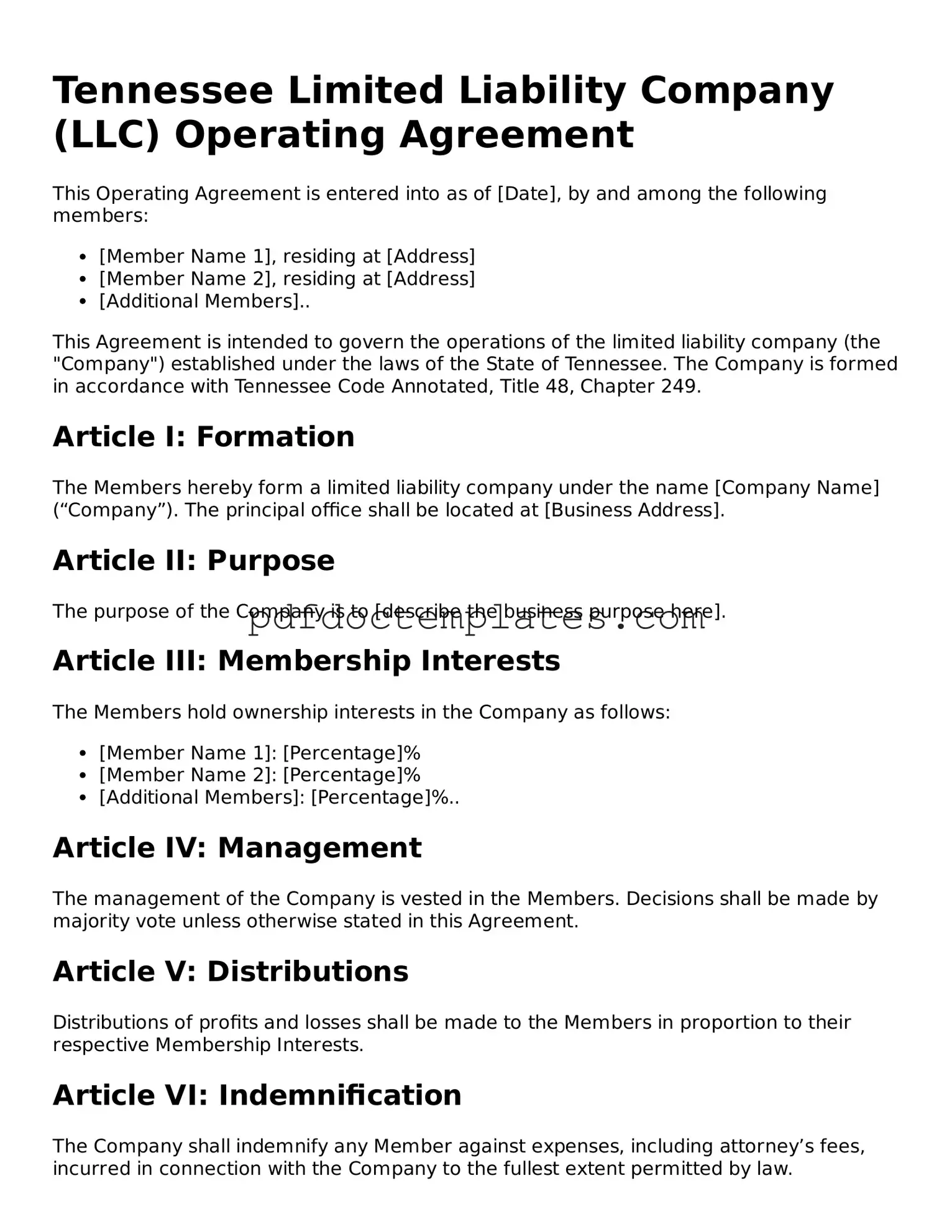 Blank  Operating Agreement Document for Tennessee