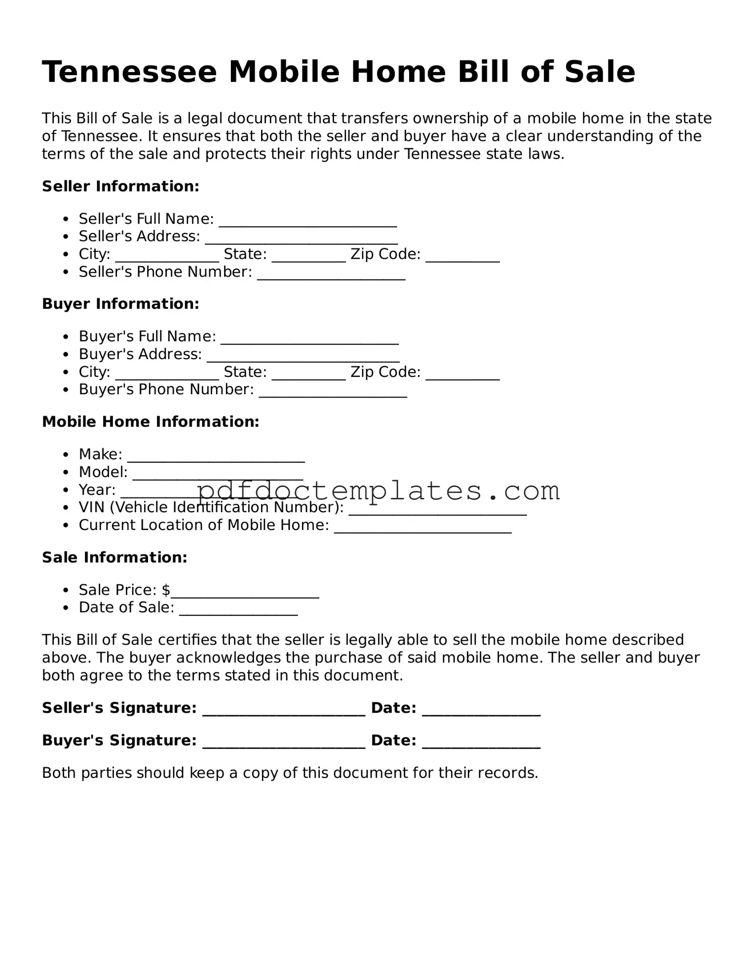 Blank  Mobile Home Bill of Sale Document for Tennessee