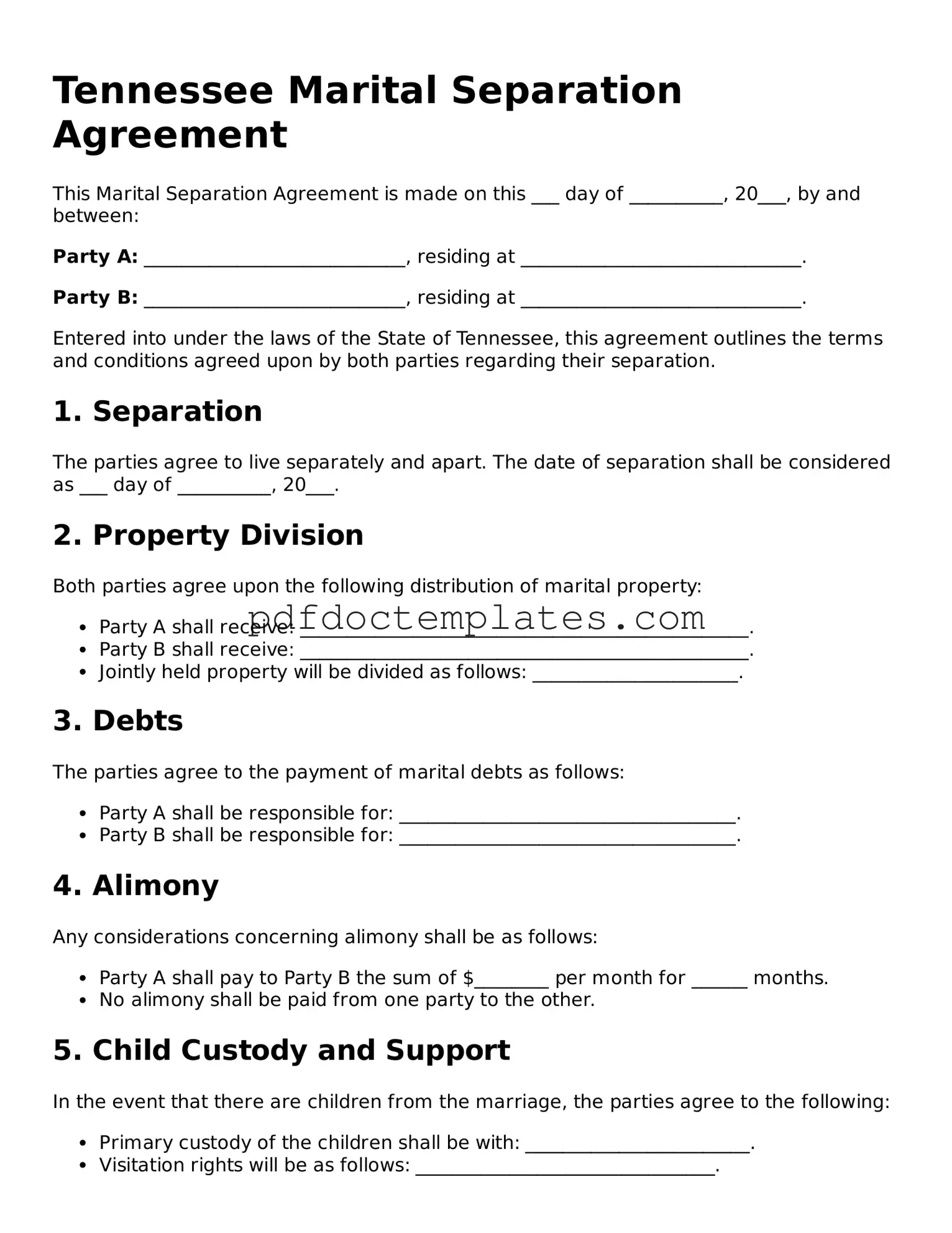 Blank  Marital Separation Agreement Document for Tennessee