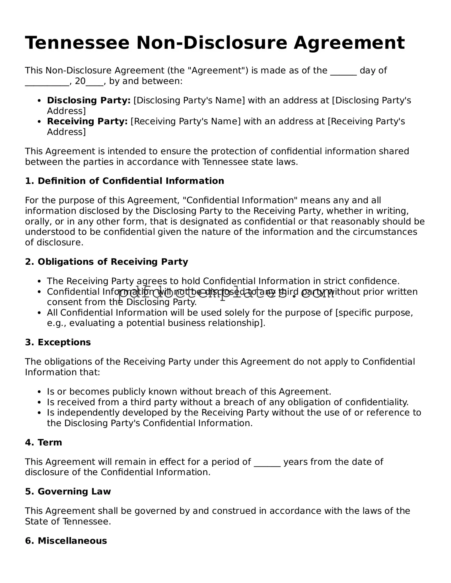 Blank  Non-disclosure Agreement Document for Tennessee