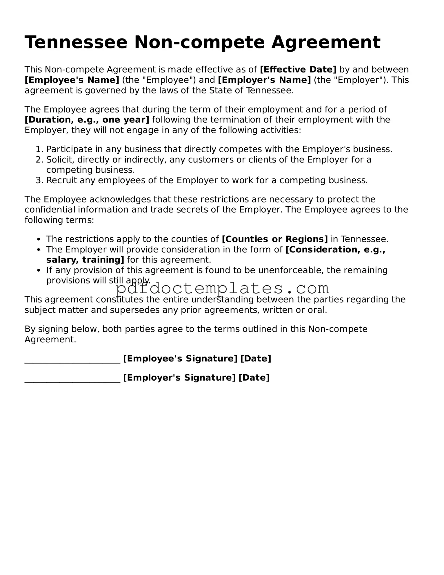 Blank  Non-compete Agreement Document for Tennessee