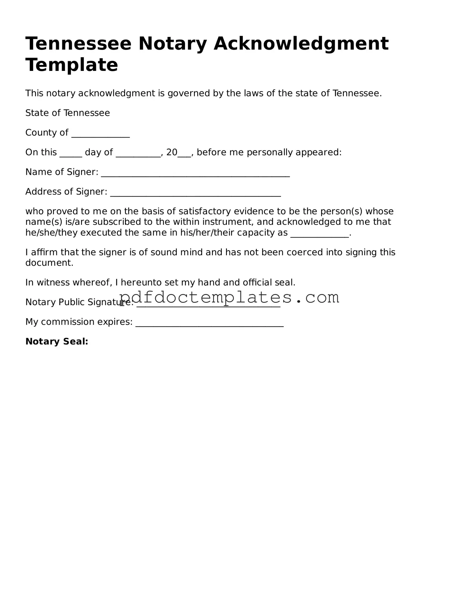 Blank Notary Acknowledgement Document for Tennessee