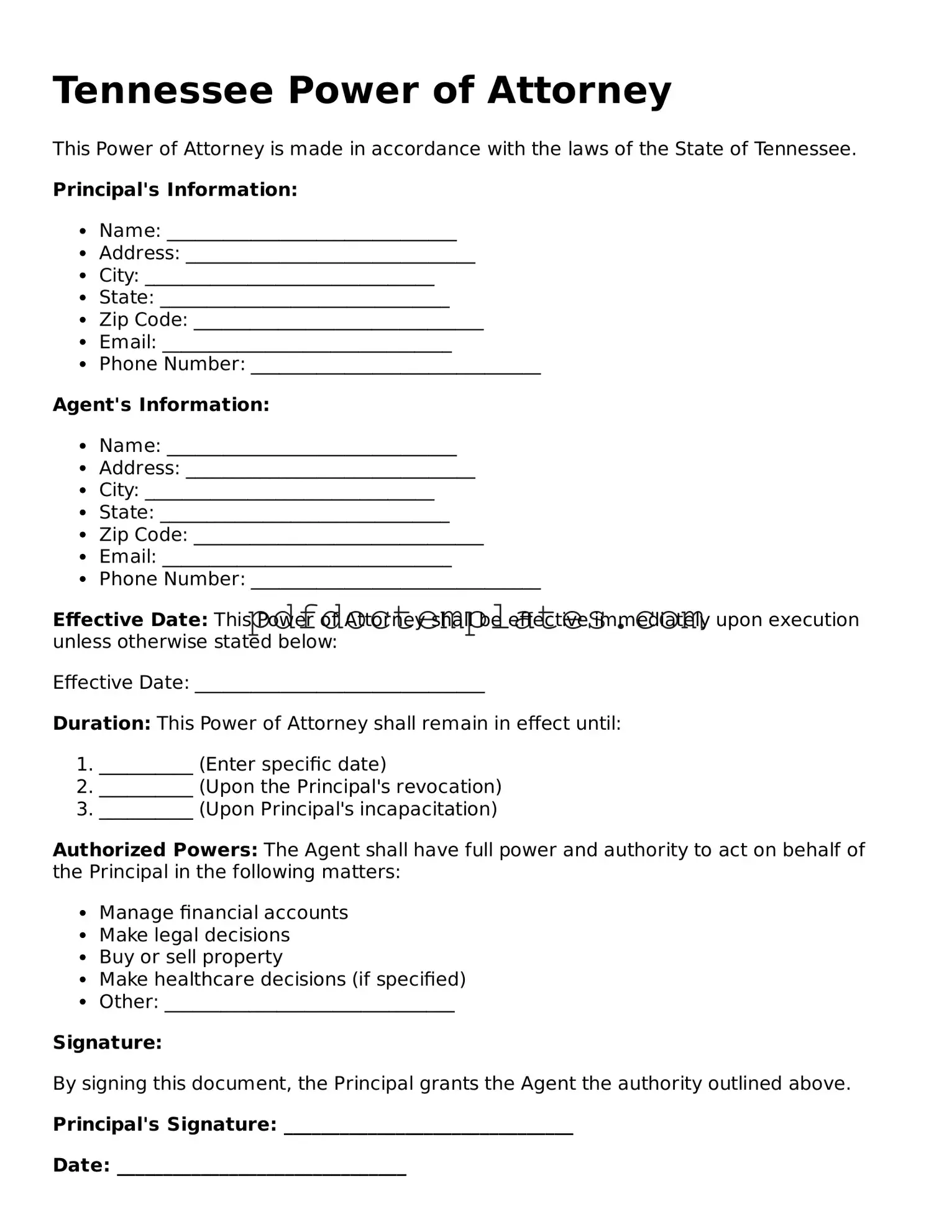 Blank  Power of Attorney Document for Tennessee