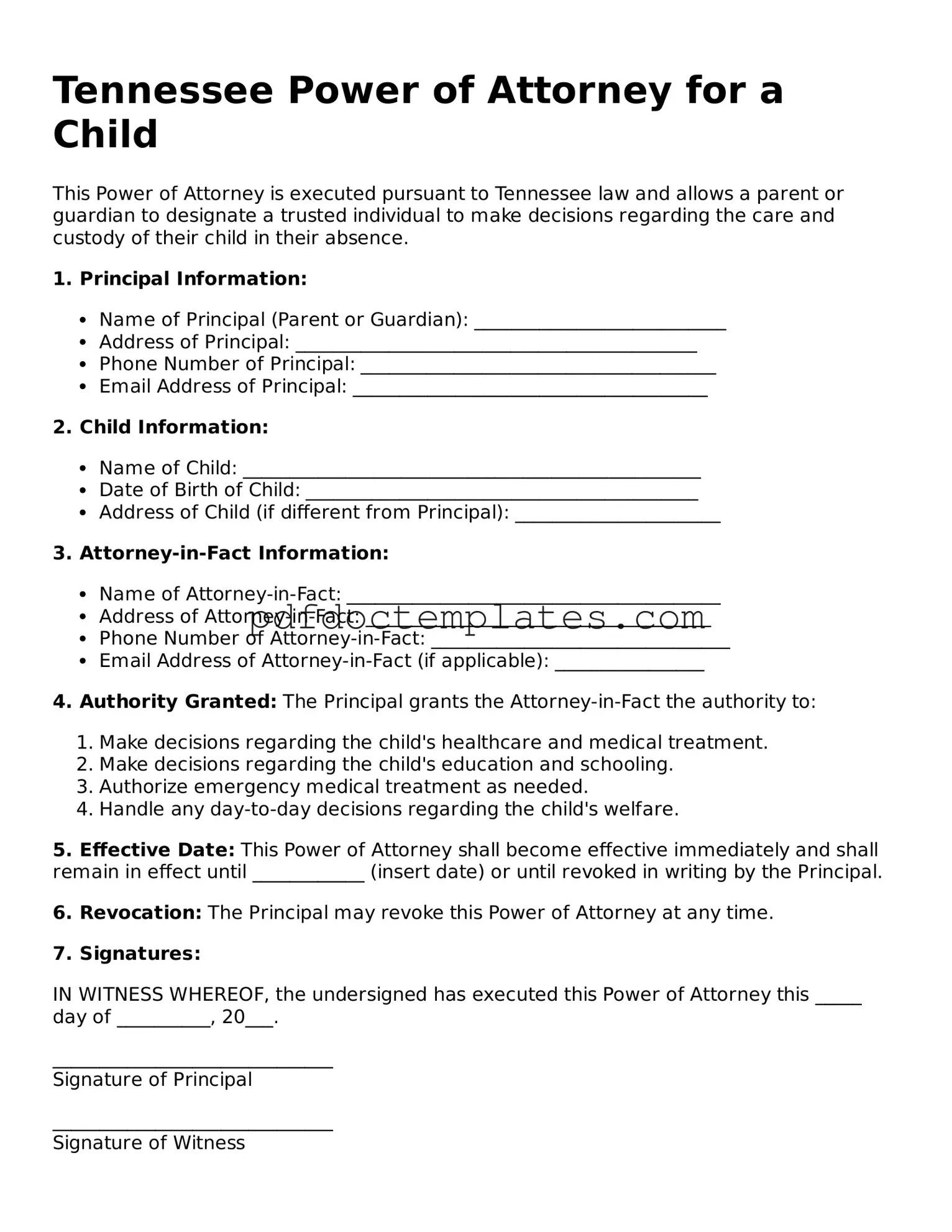 Blank  Power of Attorney for a Child Document for Tennessee
