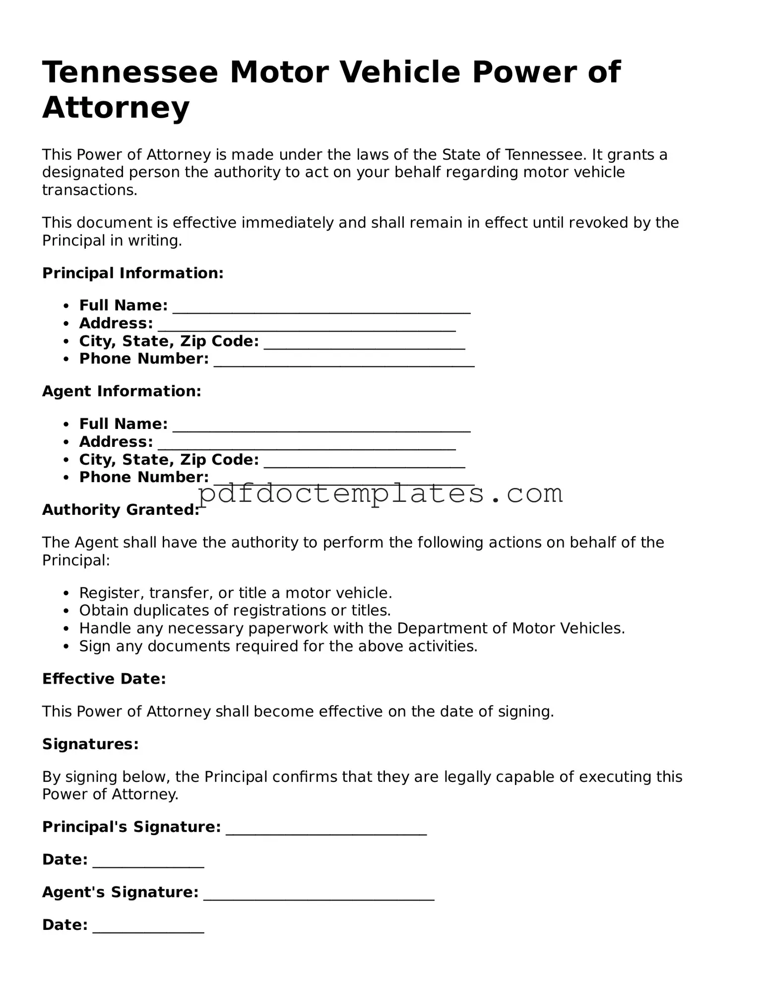 Blank  Motor Vehicle Power of Attorney Document for Tennessee