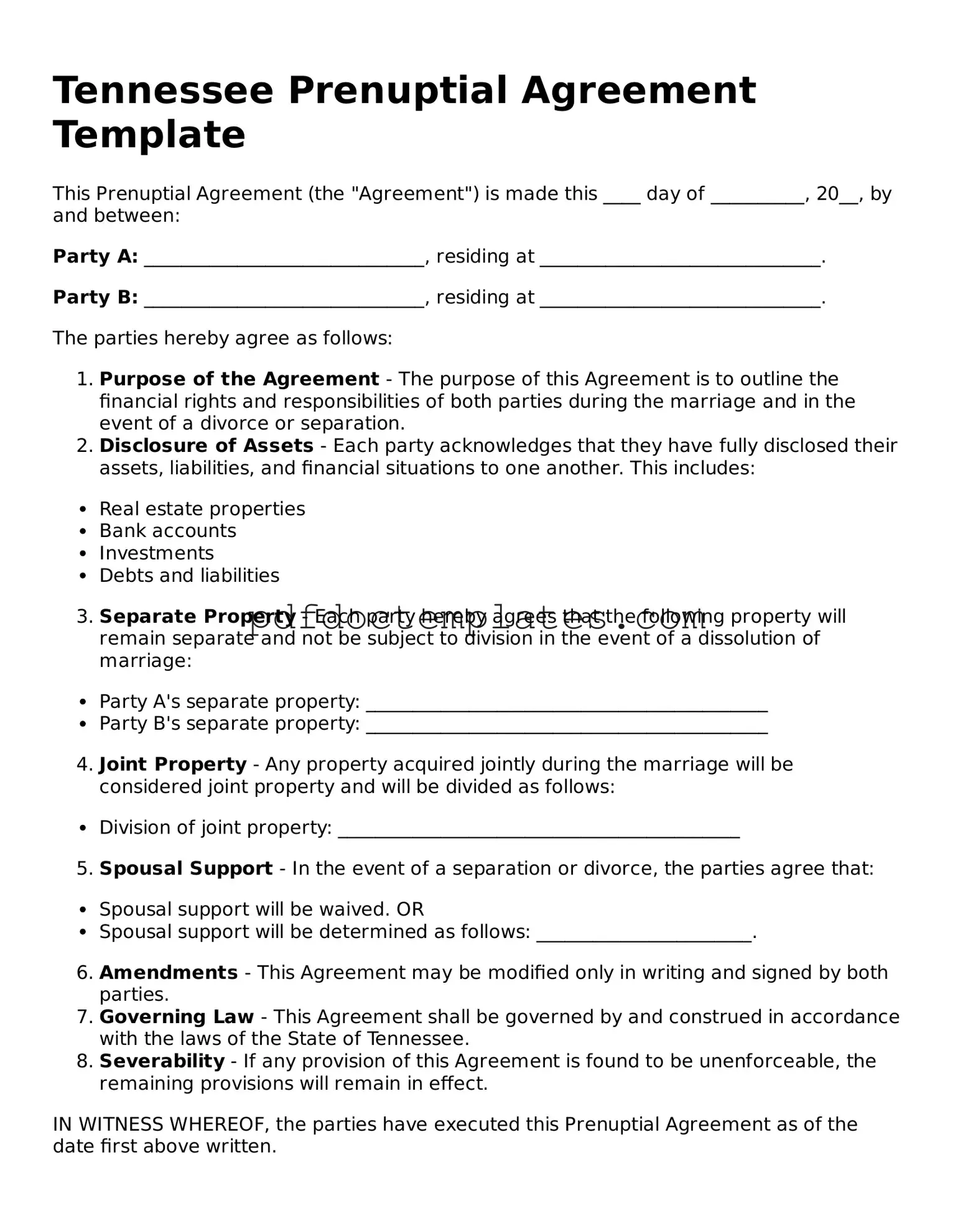 Blank  Prenuptial Agreement Document for Tennessee
