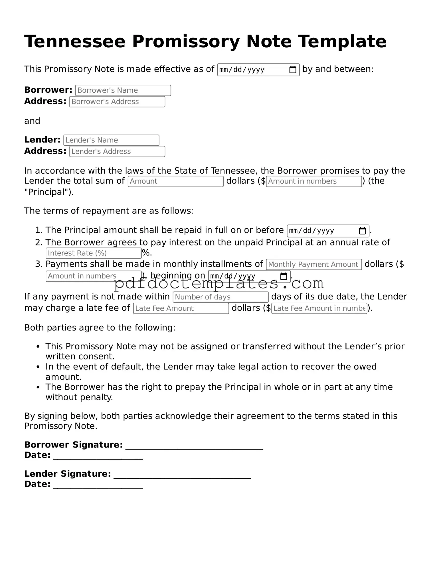 Blank Promissory Note Document for Tennessee