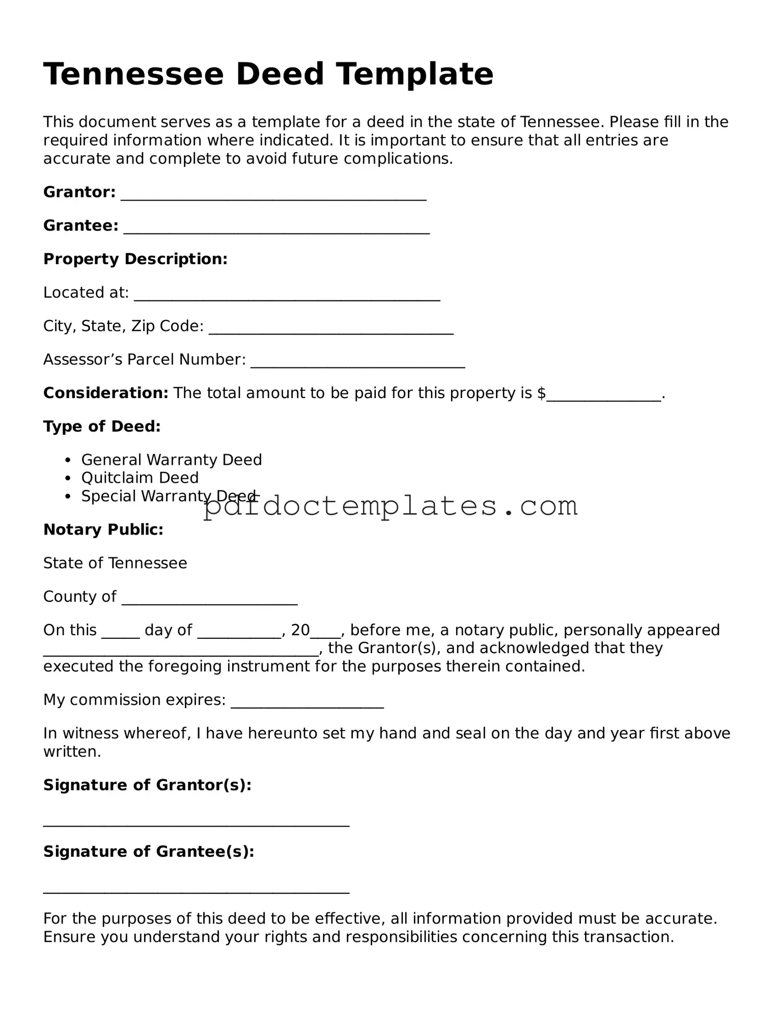 Blank  Deed Document for Tennessee