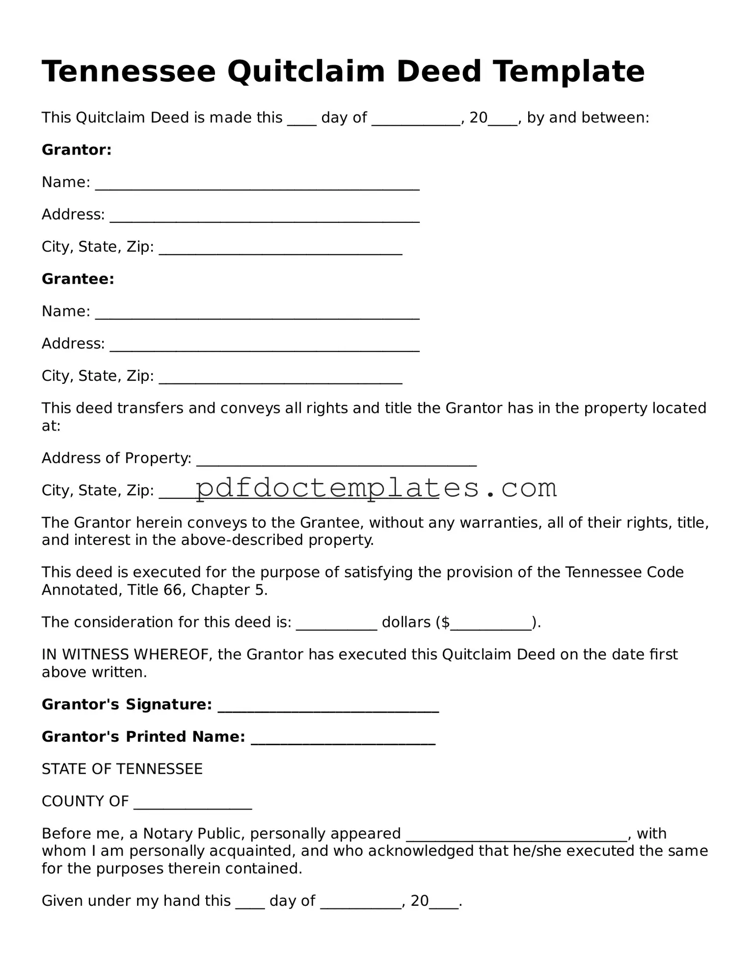 Blank  Quitclaim Deed Document for Tennessee