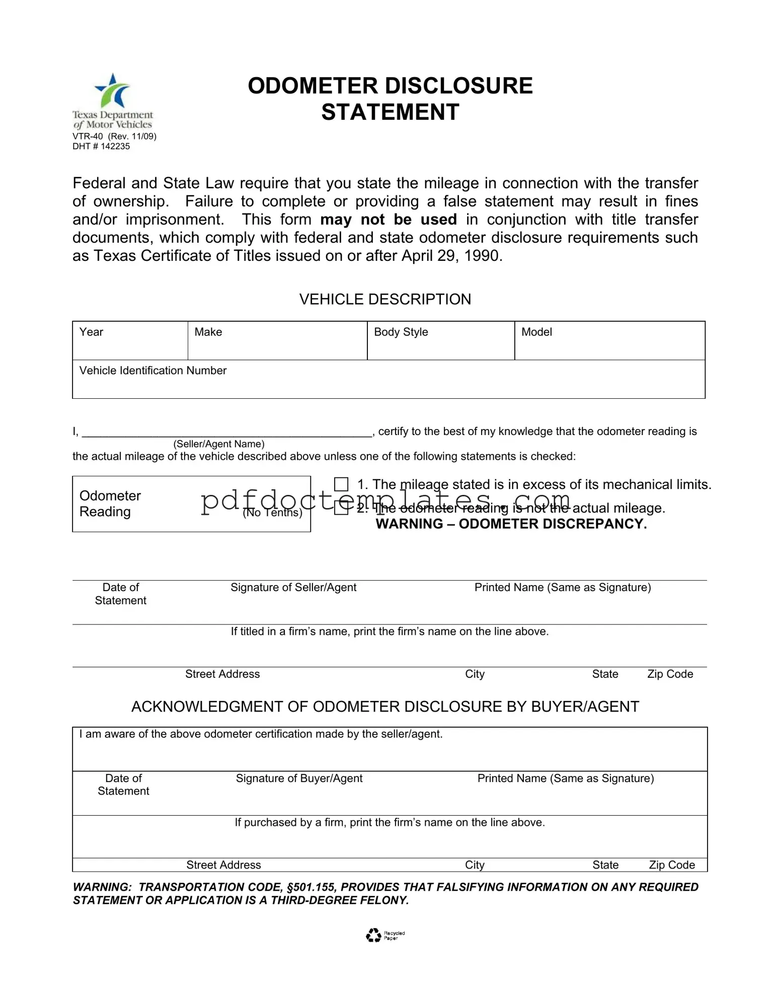 Download Texas Odometer Statement Template