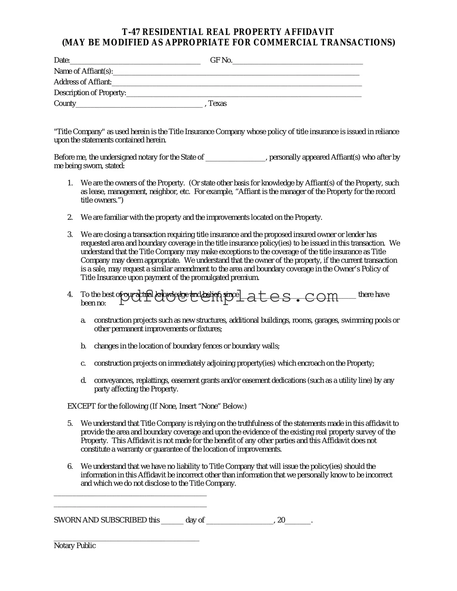 Download Texas residential property affidavit T-47 Template