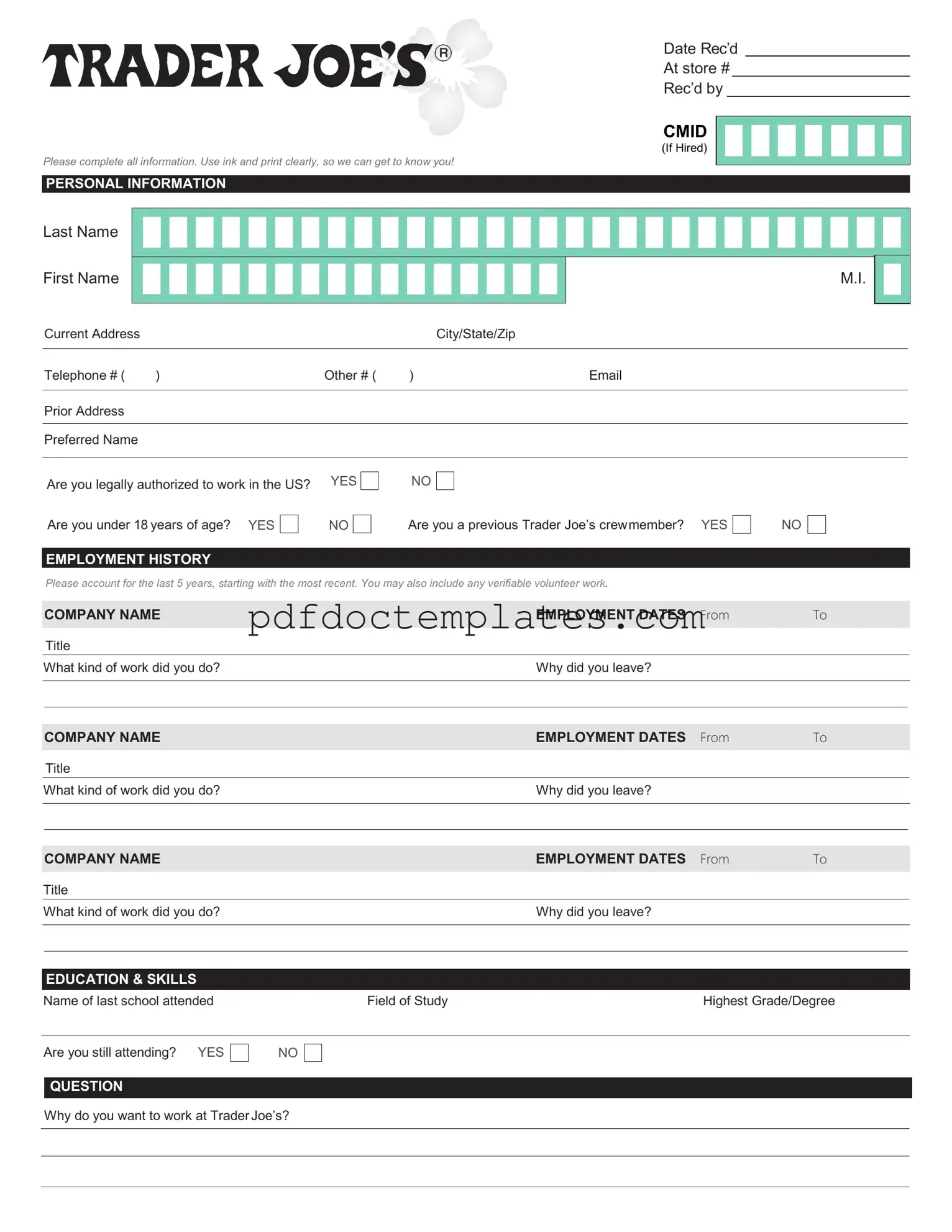 Download Trader Joe's application Template