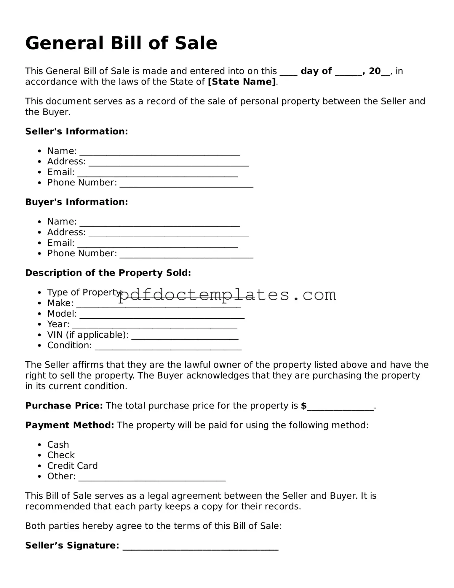 Printable General Bill of Sale Template