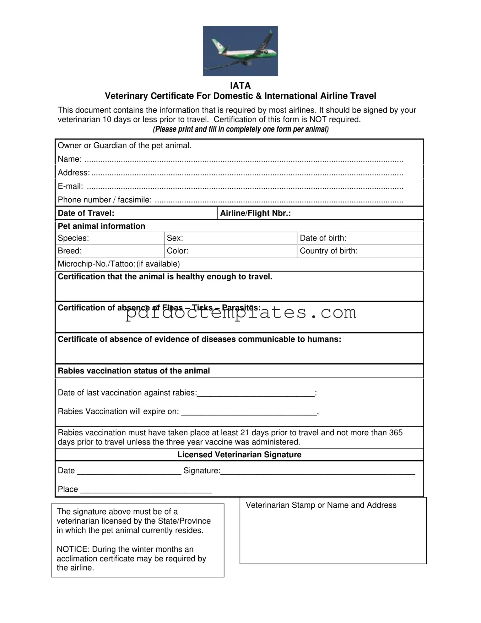 Download Veterinary Certificate Travel Template