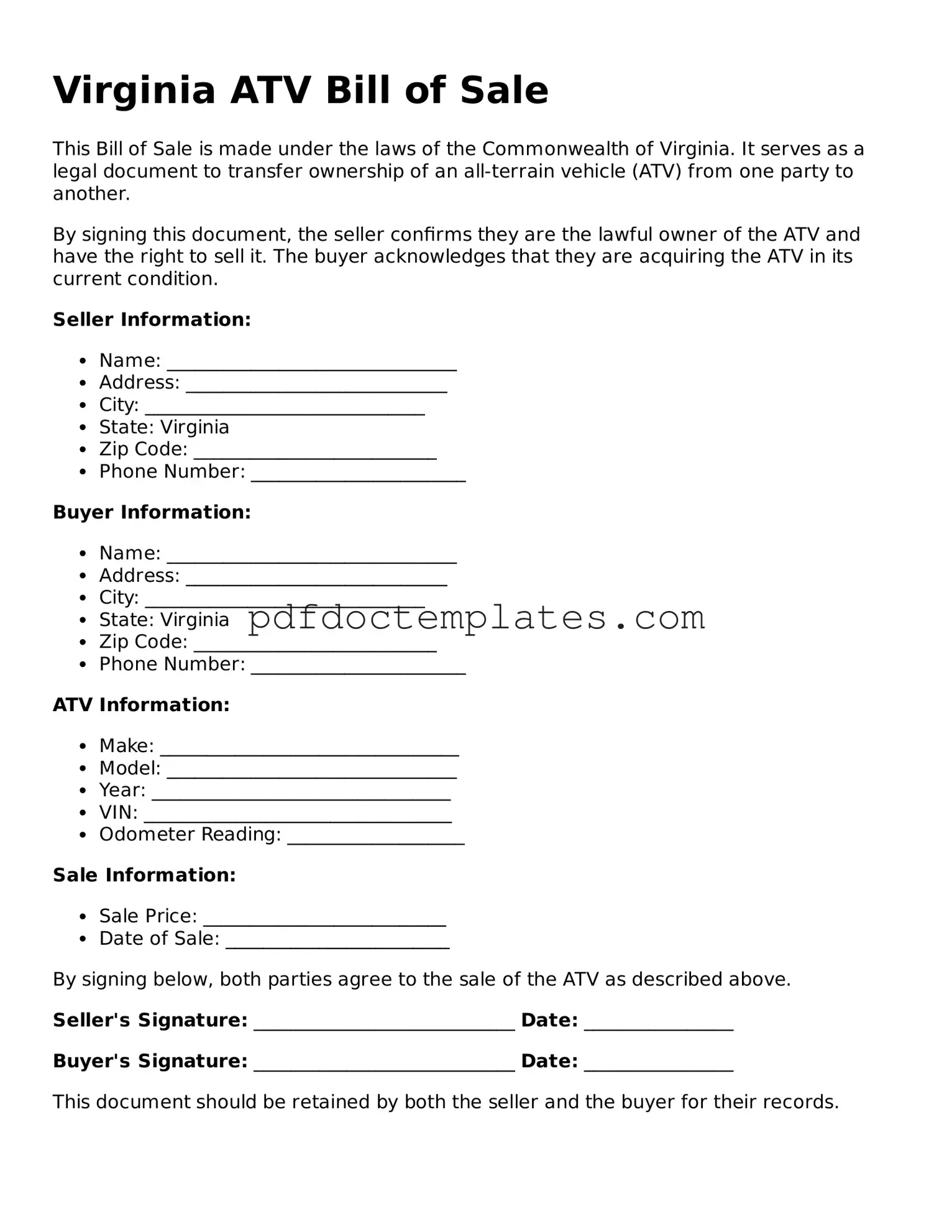 Blank  ATV Bill of Sale Document for Virginia