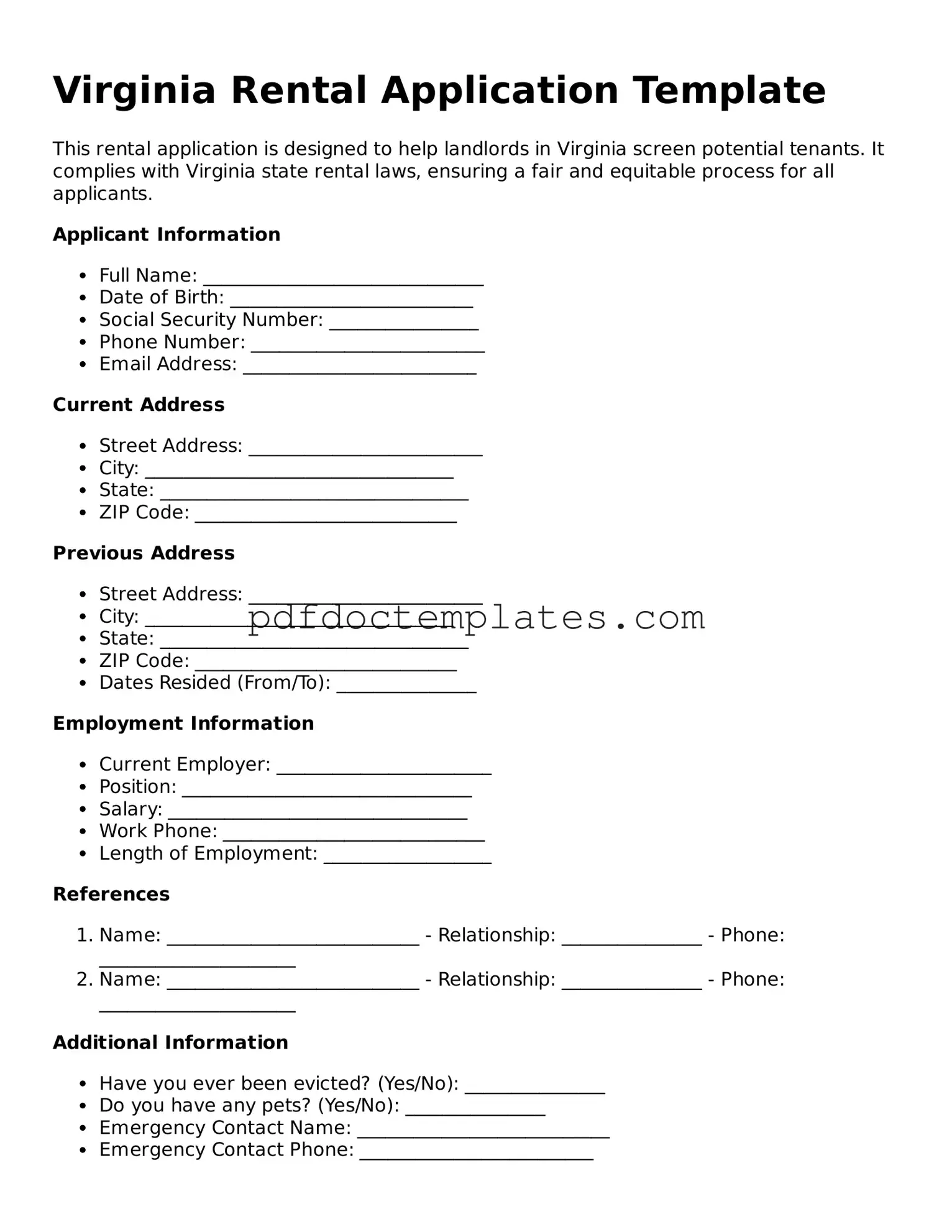 Blank  Rental Application Document for Virginia
