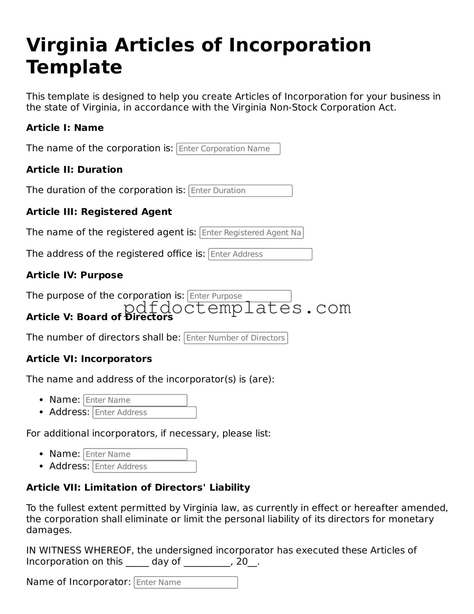 Blank Articles of Incorporation Document for Virginia