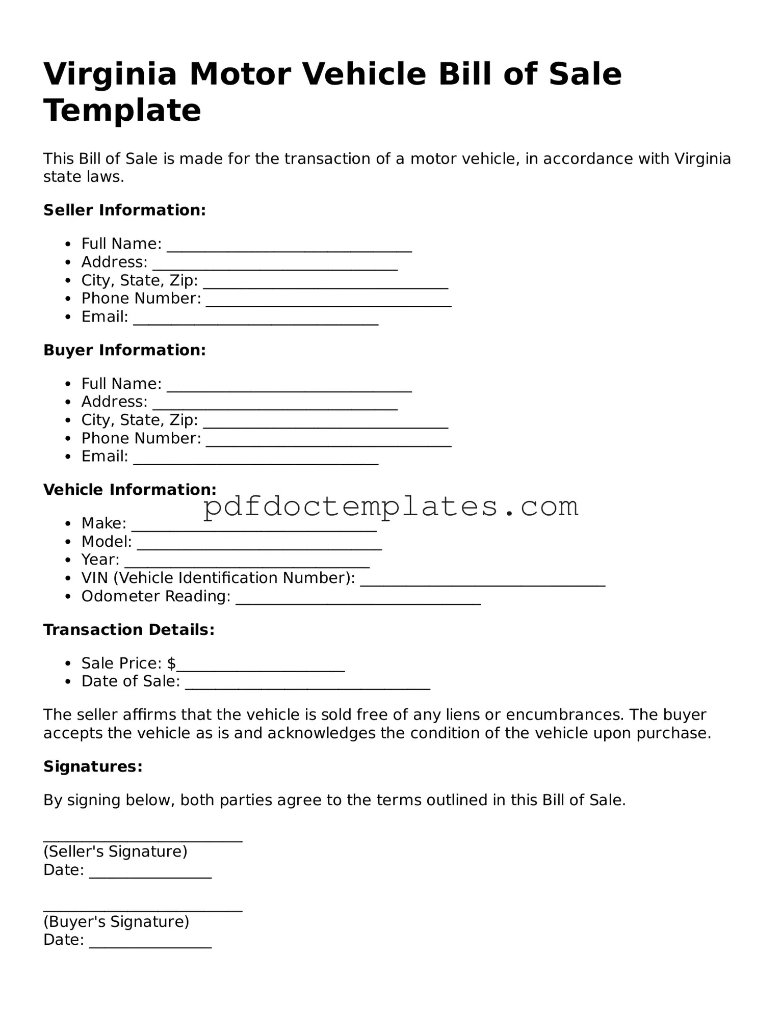 Blank  Motor Vehicle Bill of Sale Document for Virginia