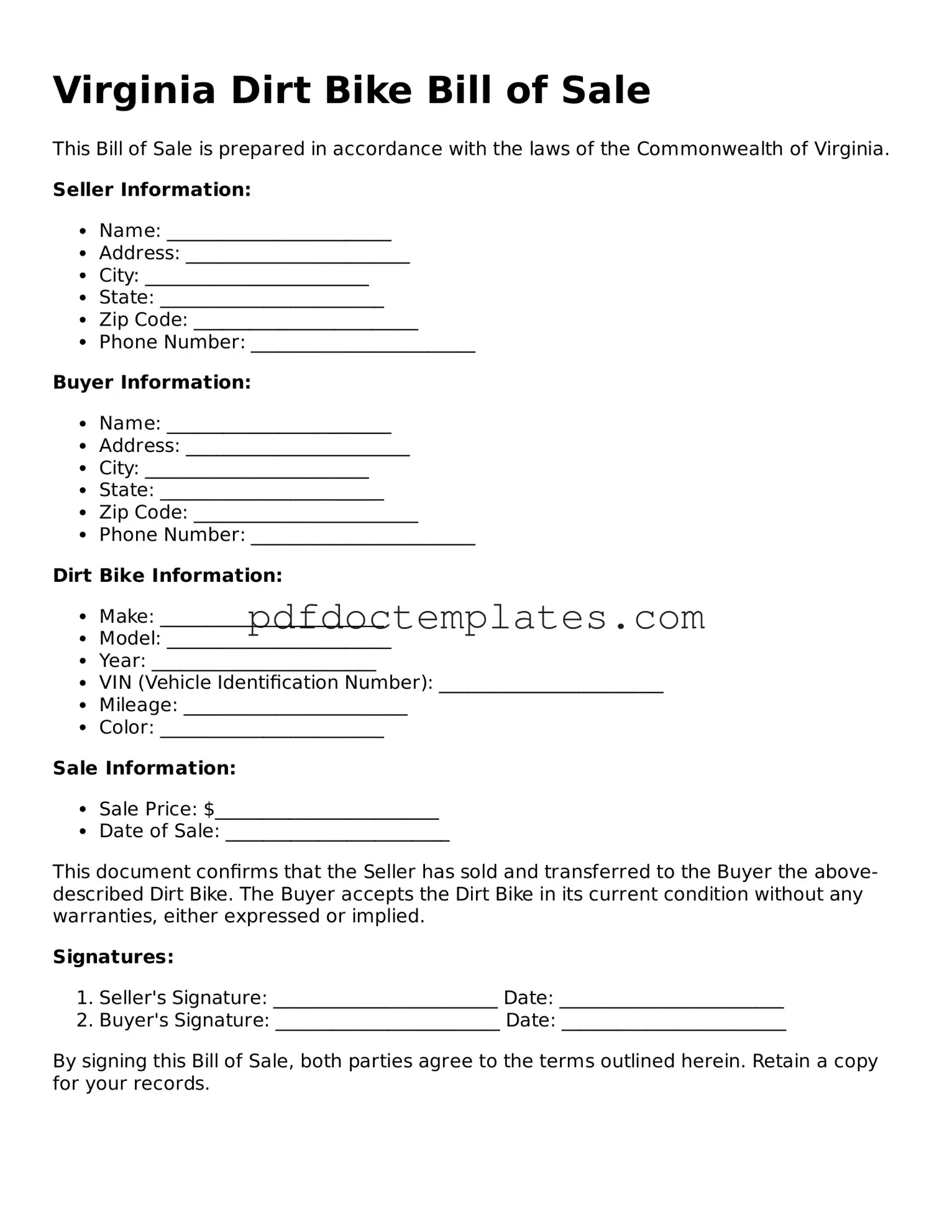 Blank  Dirt Bike Bill of Sale Document for Virginia