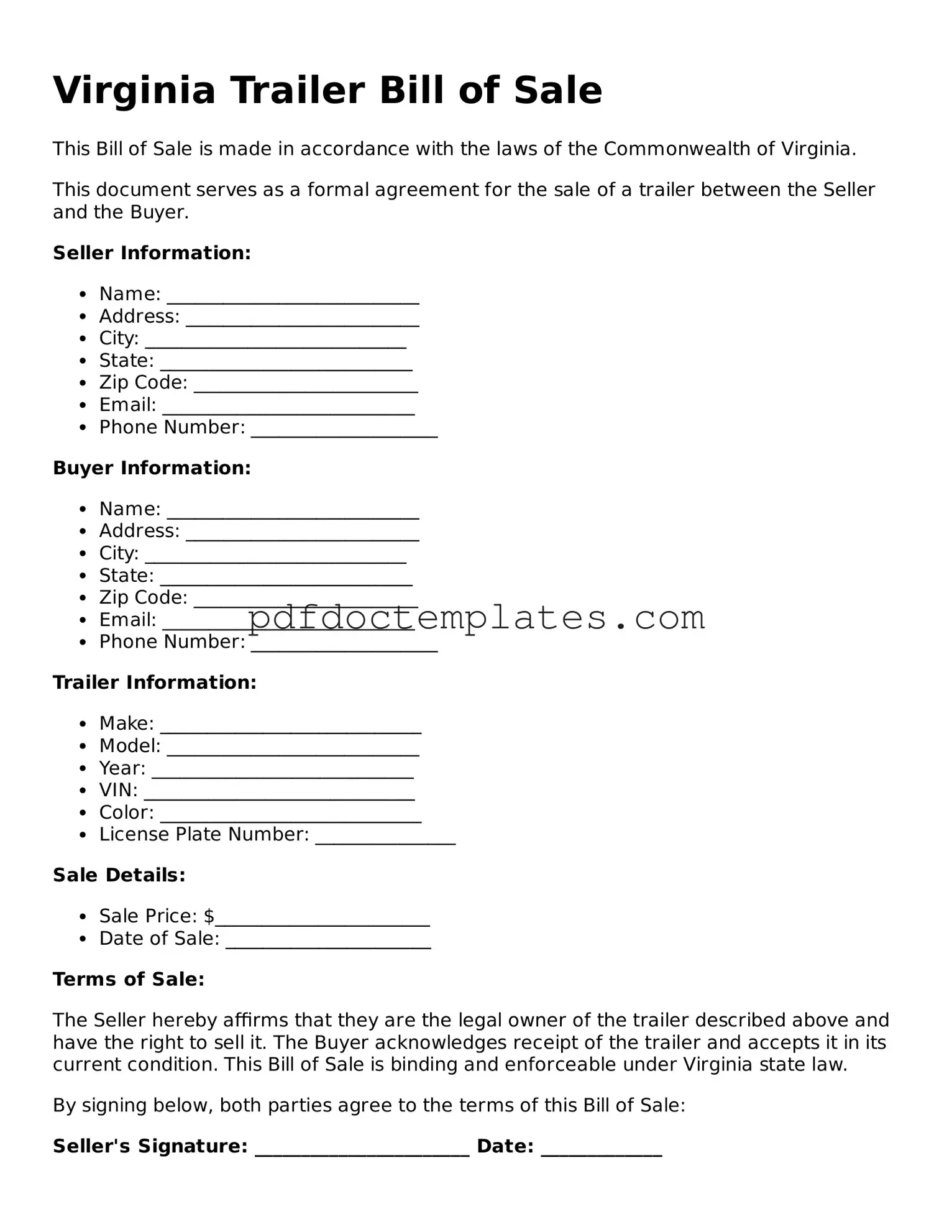 Blank  Trailer Bill of Sale Document for Virginia