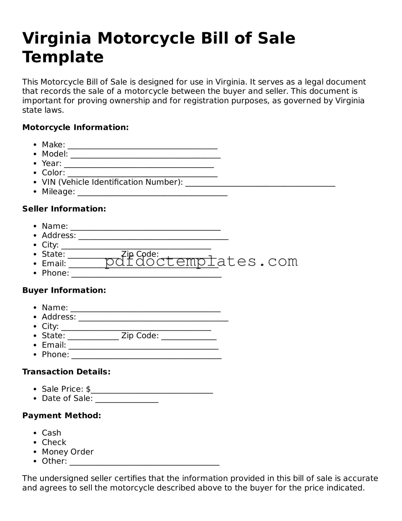 Blank  Motorcycle Bill of Sale Document for Virginia
