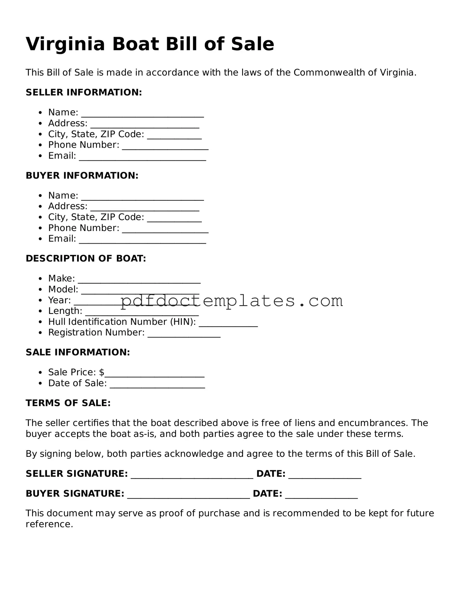 Blank  Boat Bill of Sale Document for Virginia