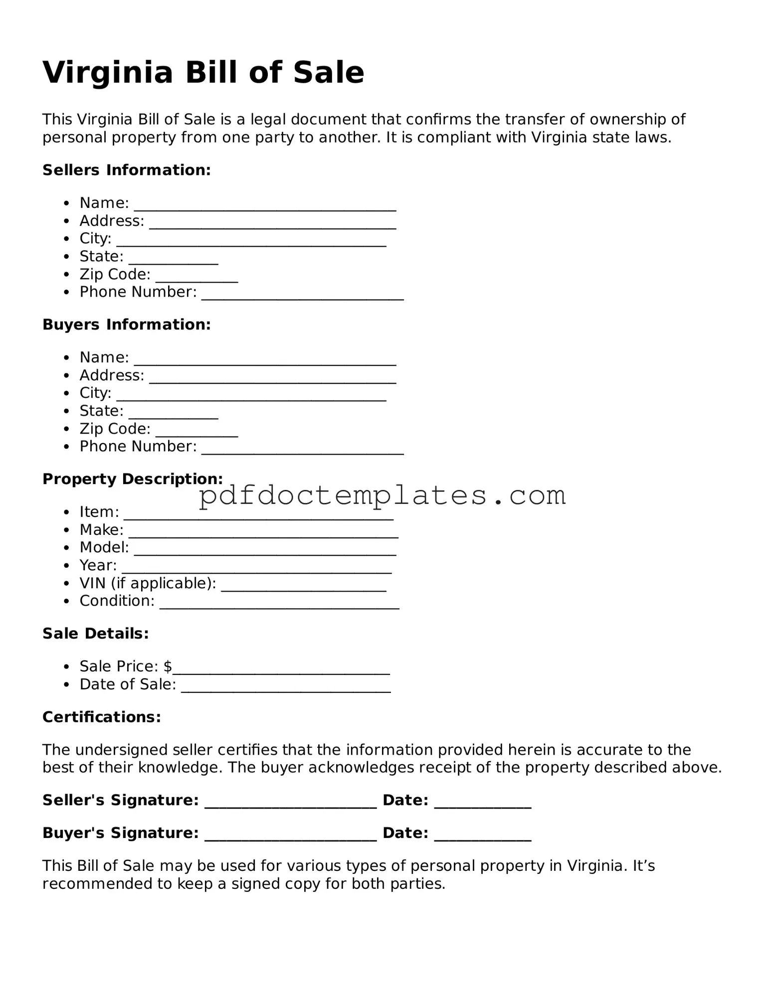 Blank  Bill of Sale Document for Virginia