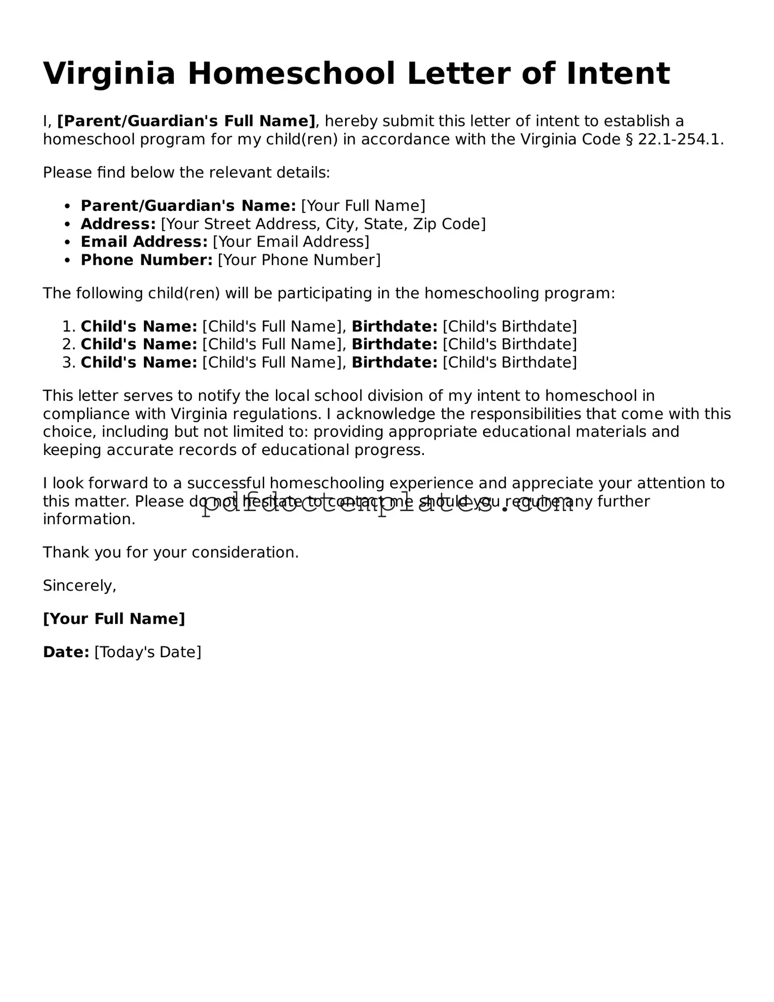 Blank  Homeschool Letter of Intent Document for Virginia