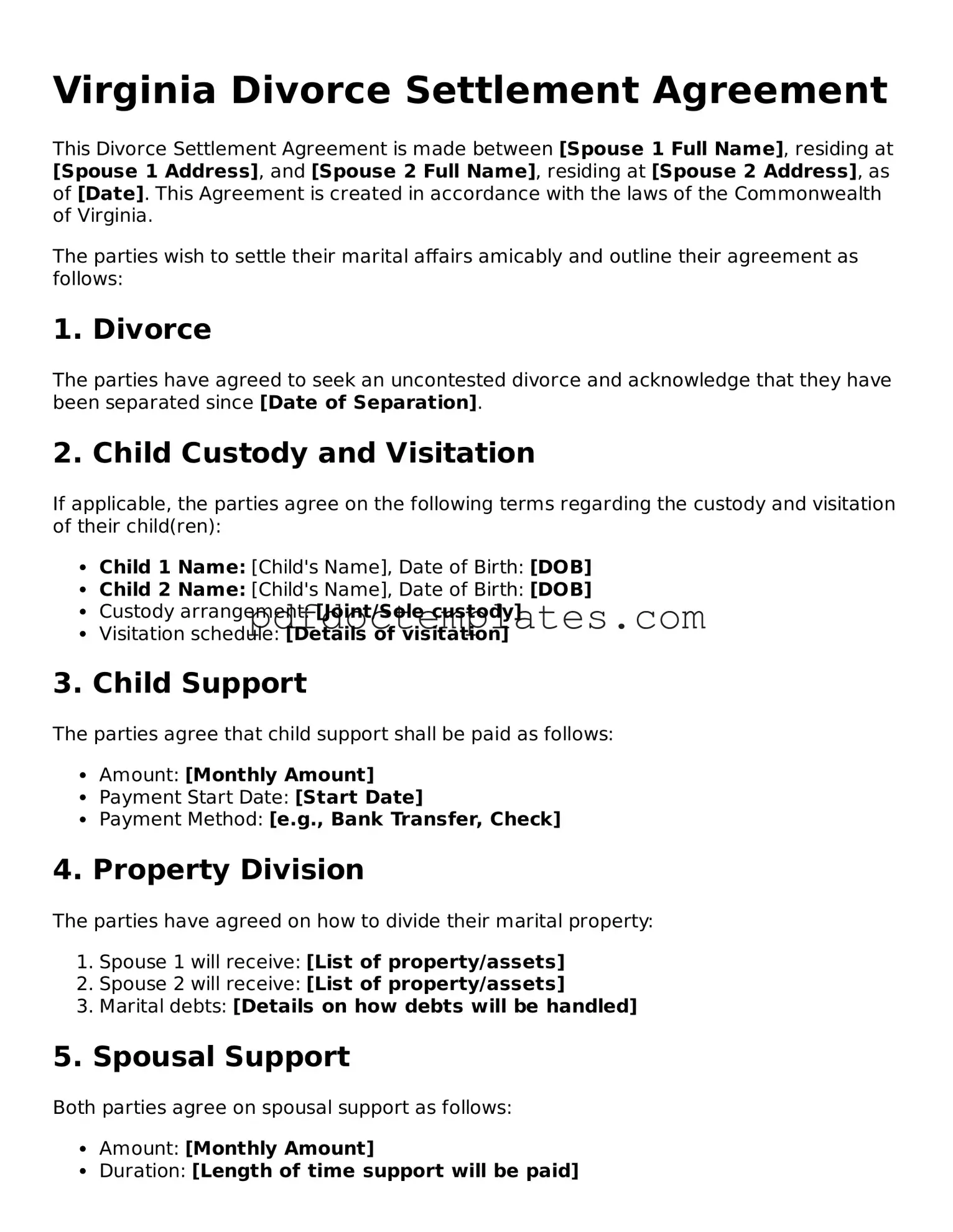 Blank  Divorce Settlement Agreement Document for Virginia