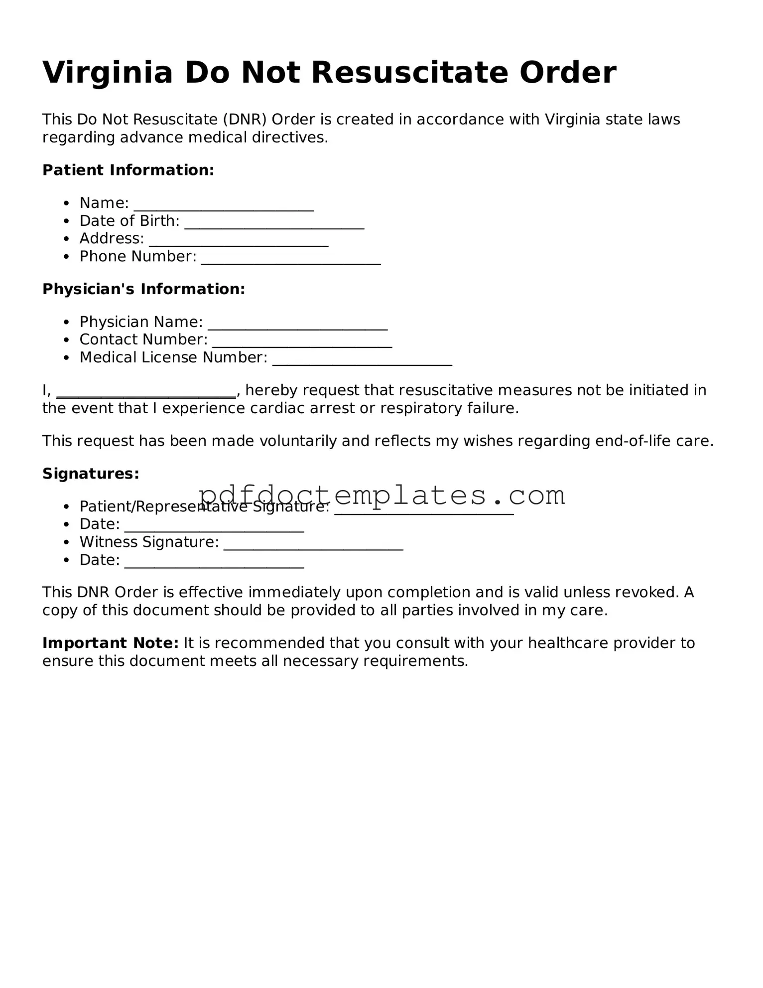 Blank Do Not Resuscitate Order Document for Virginia