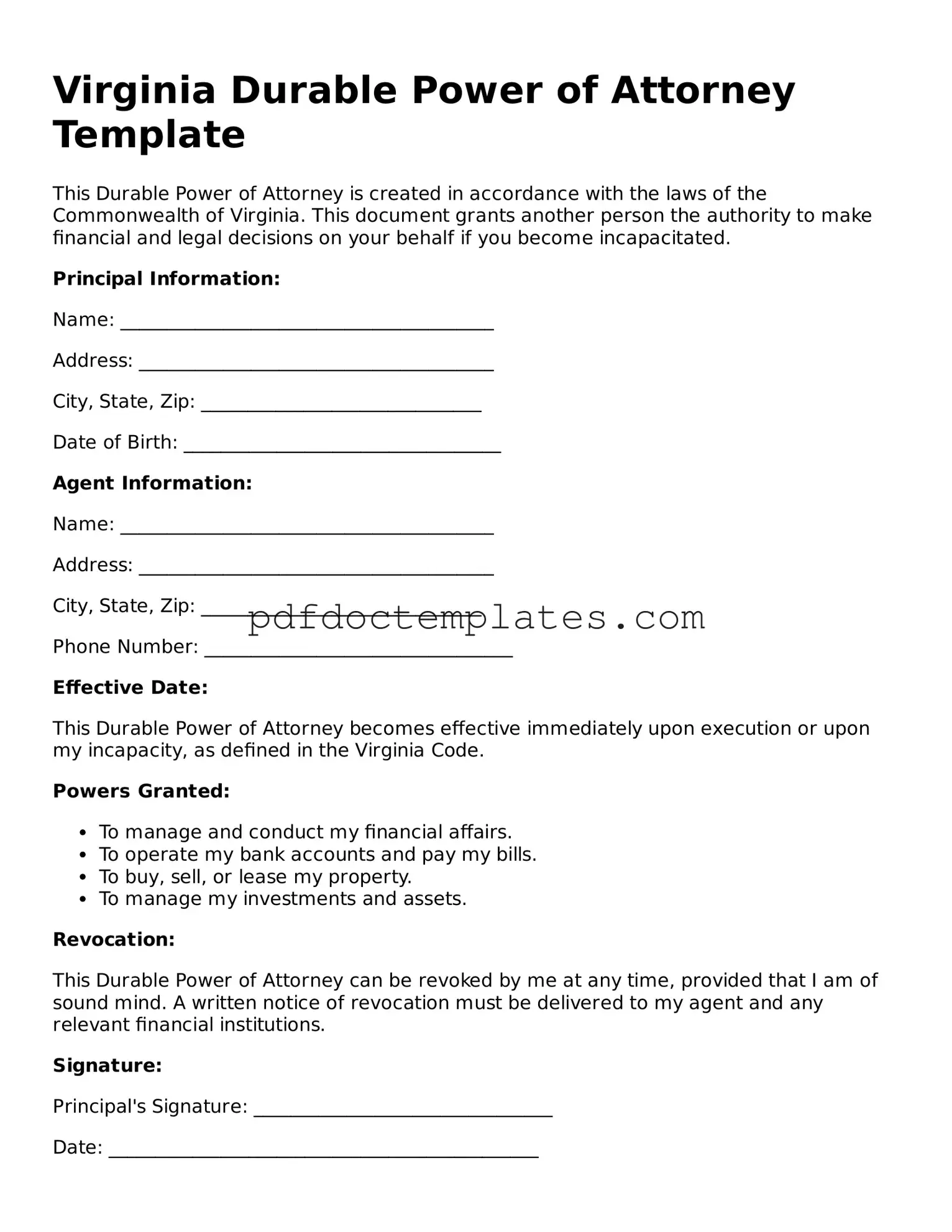 Blank  Durable Power of Attorney Document for Virginia
