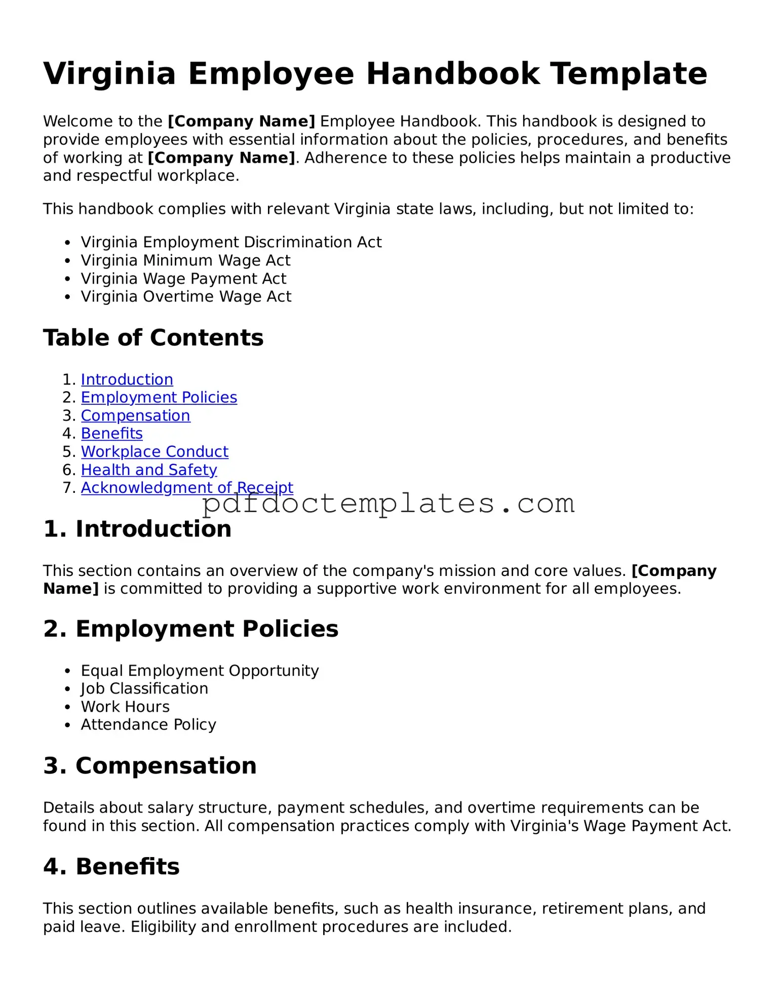 Blank  Employee Handbook Document for Virginia