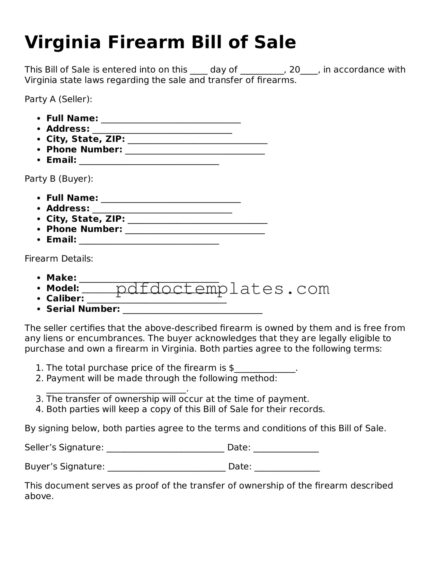 Blank  Firearm Bill of Sale Document for Virginia