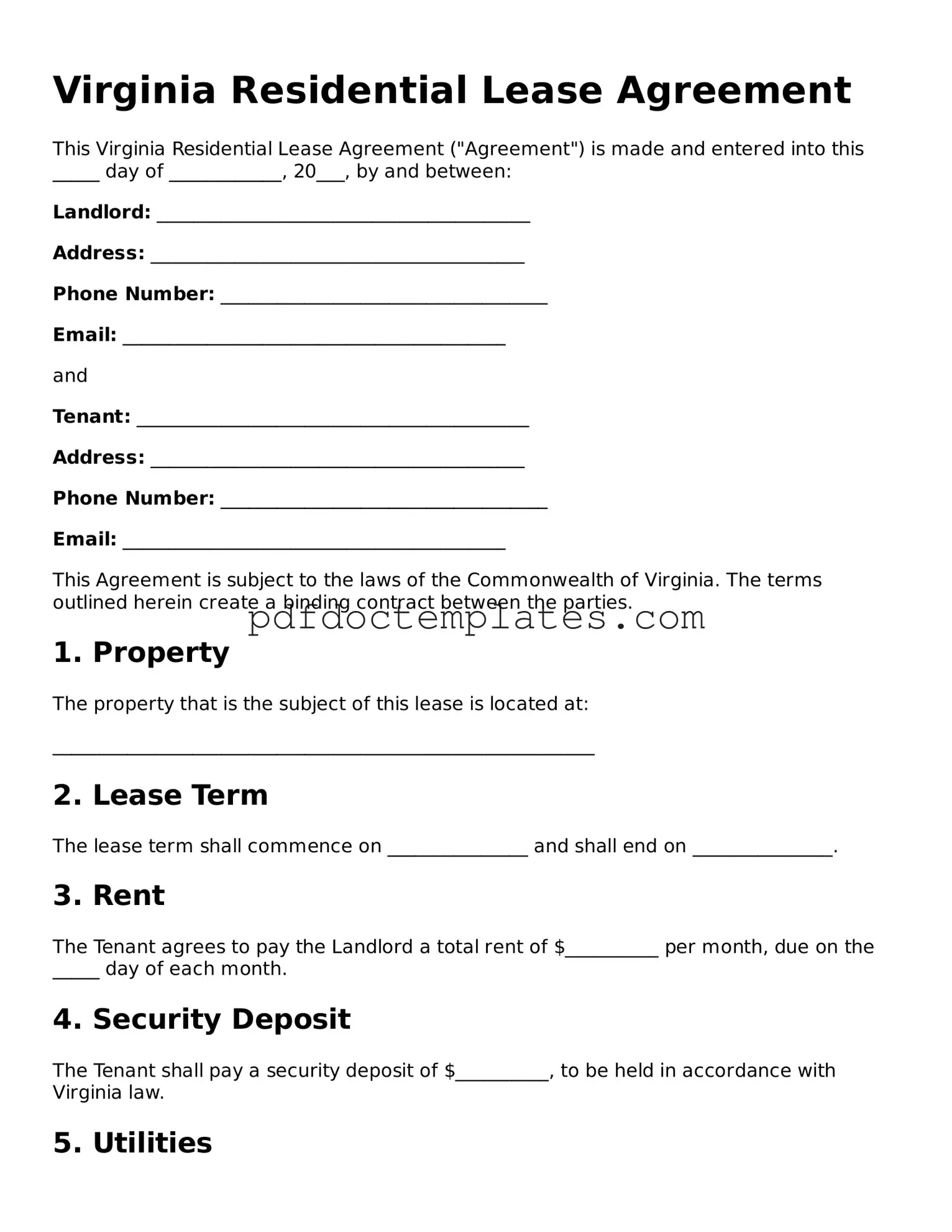 Blank  Residential Lease Agreement Document for Virginia