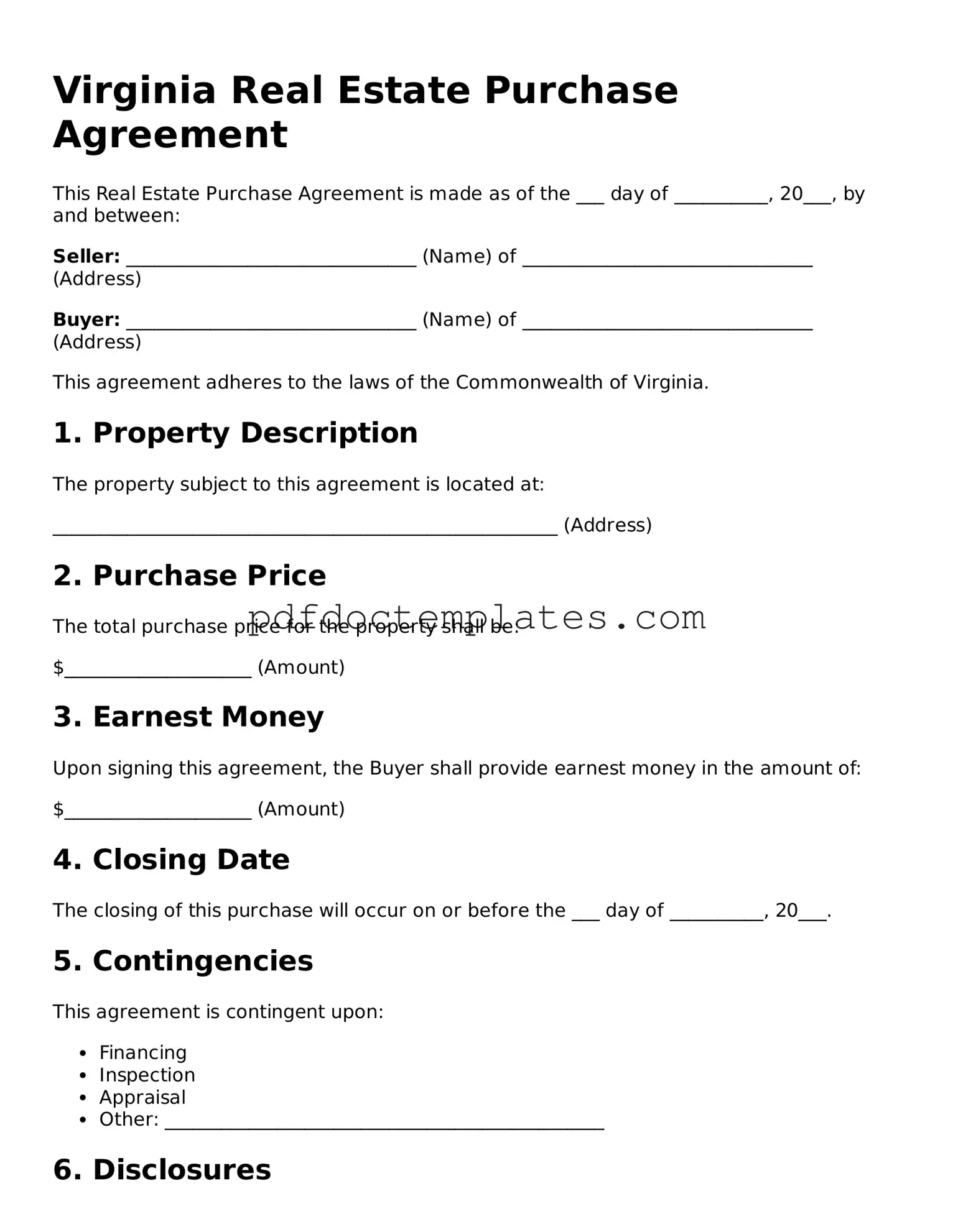 Blank  Real Estate Purchase Agreement Document for Virginia