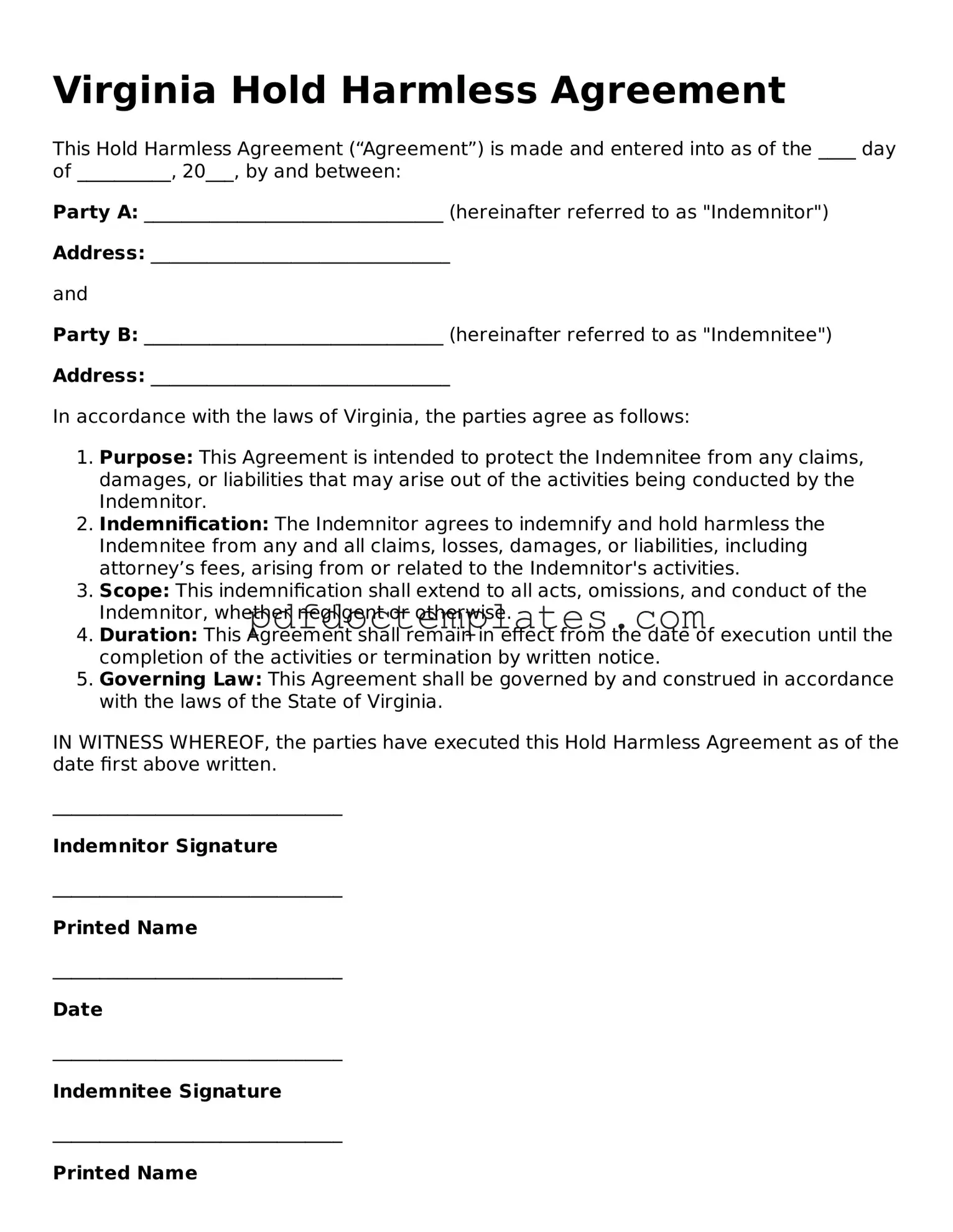Blank  Hold Harmless Agreement Document for Virginia