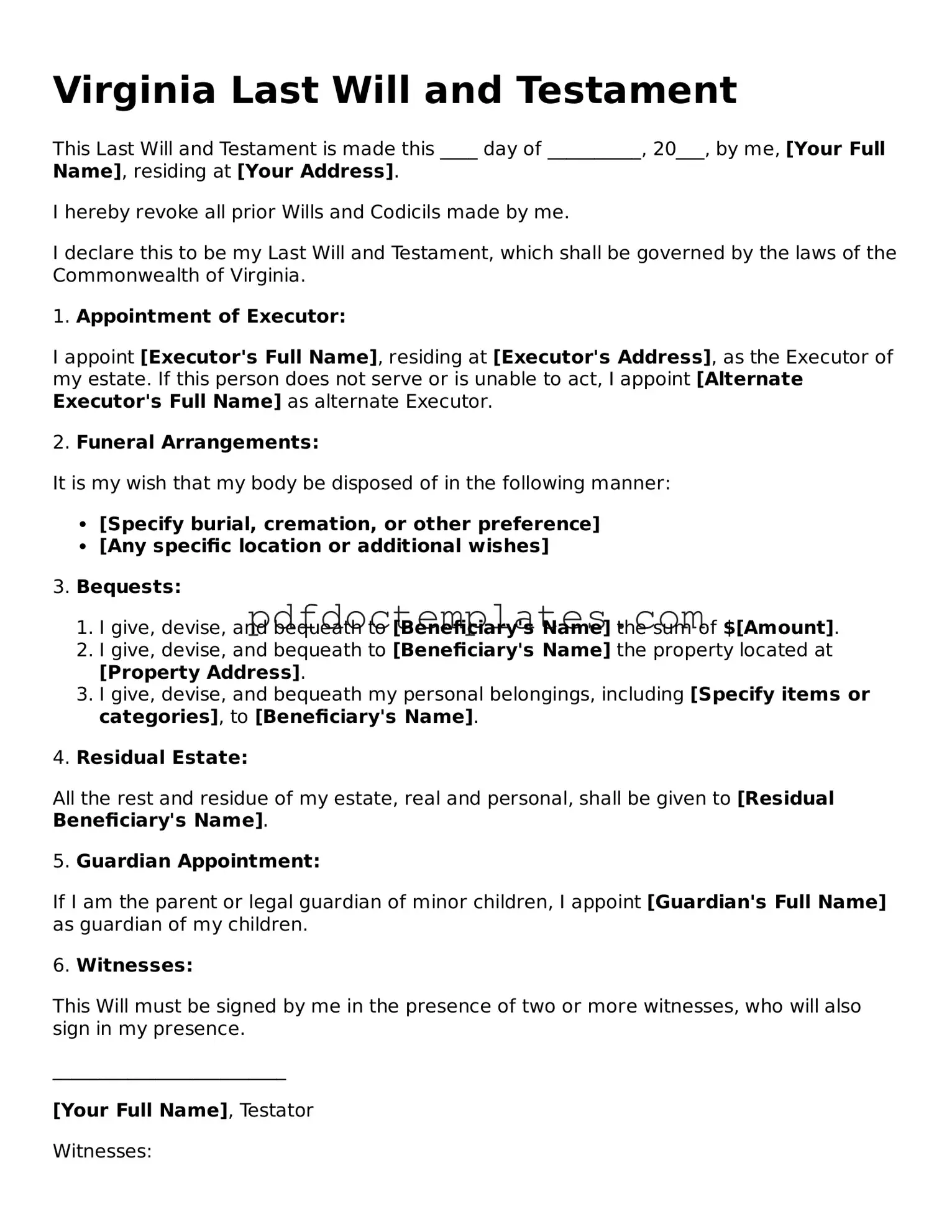 Blank  Last Will and Testament Document for Virginia