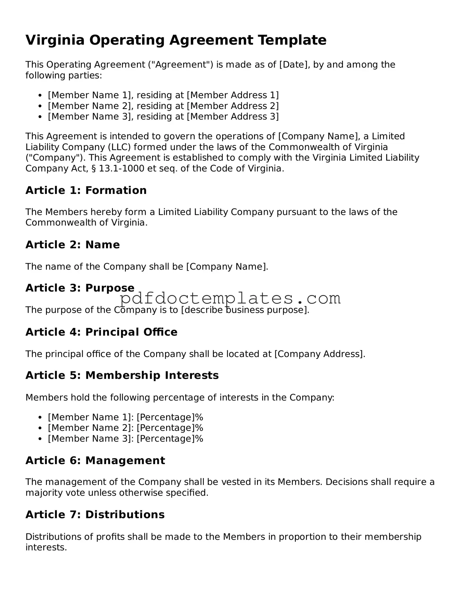 Blank  Operating Agreement Document for Virginia