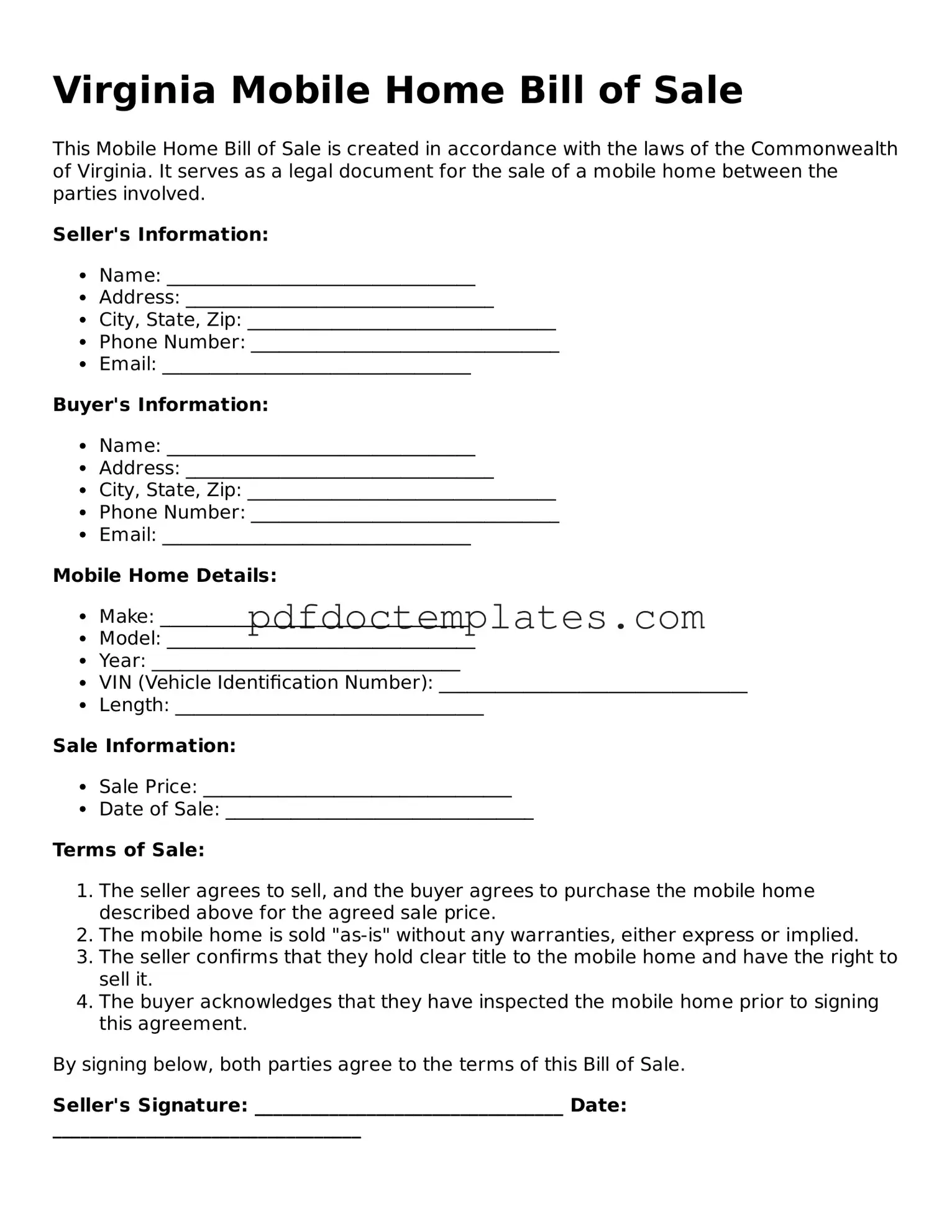Blank  Mobile Home Bill of Sale Document for Virginia