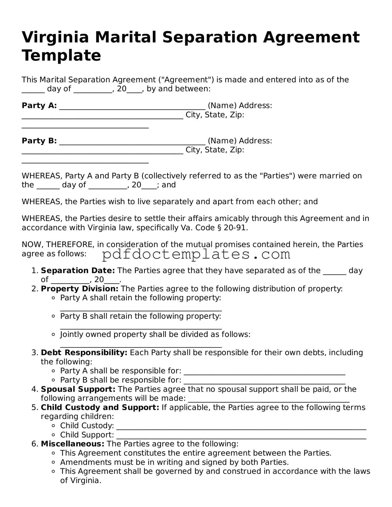 Blank  Marital Separation Agreement Document for Virginia