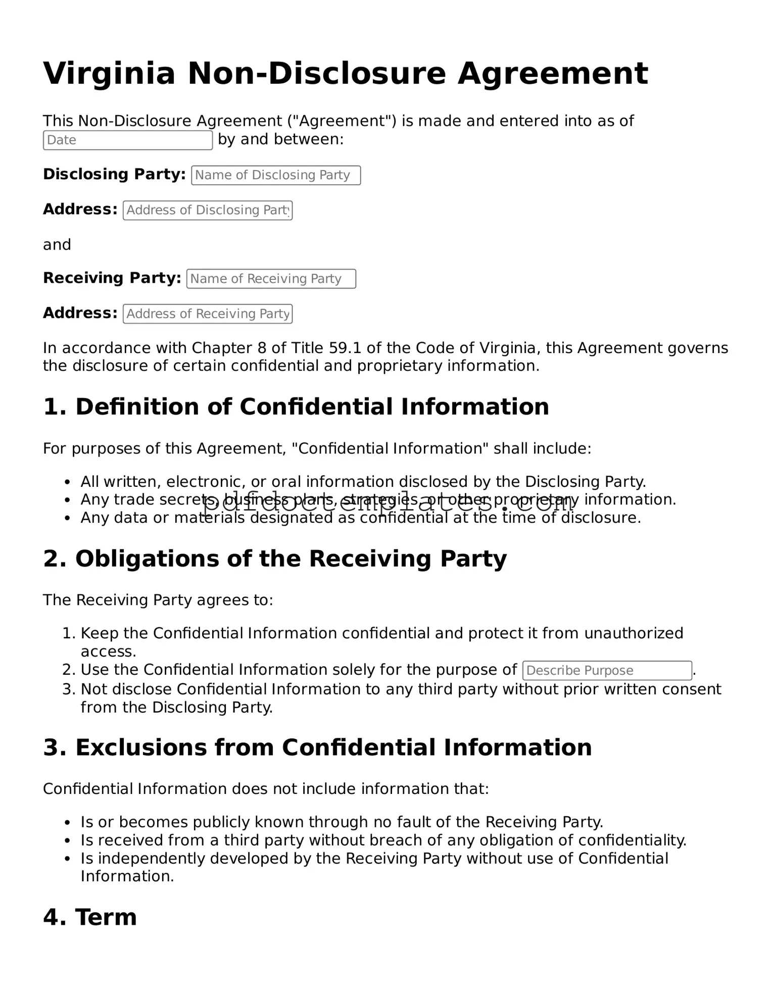 Blank Non-disclosure Agreement Document for Virginia