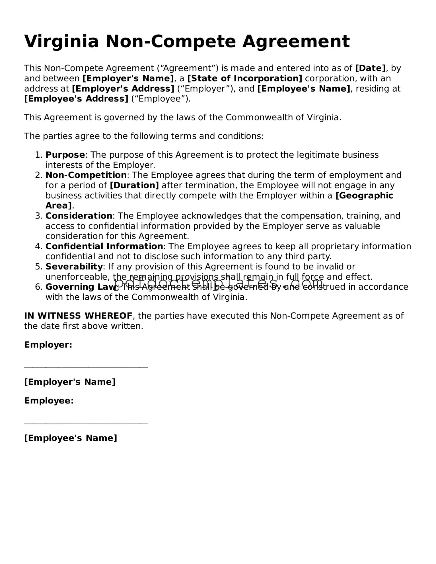Blank  Non-compete Agreement Document for Virginia