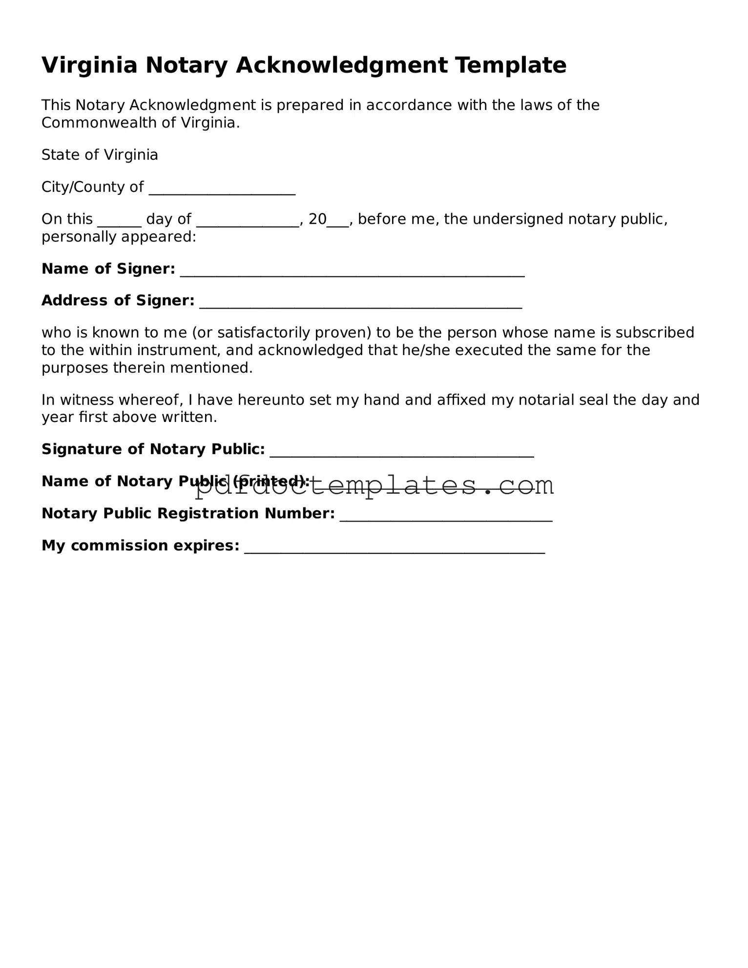 Blank  Notary Acknowledgement Document for Virginia