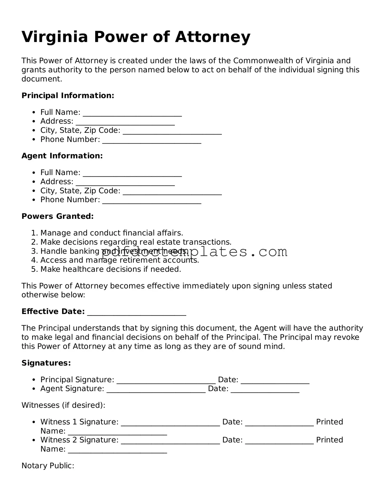 Blank  Power of Attorney Document for Virginia
