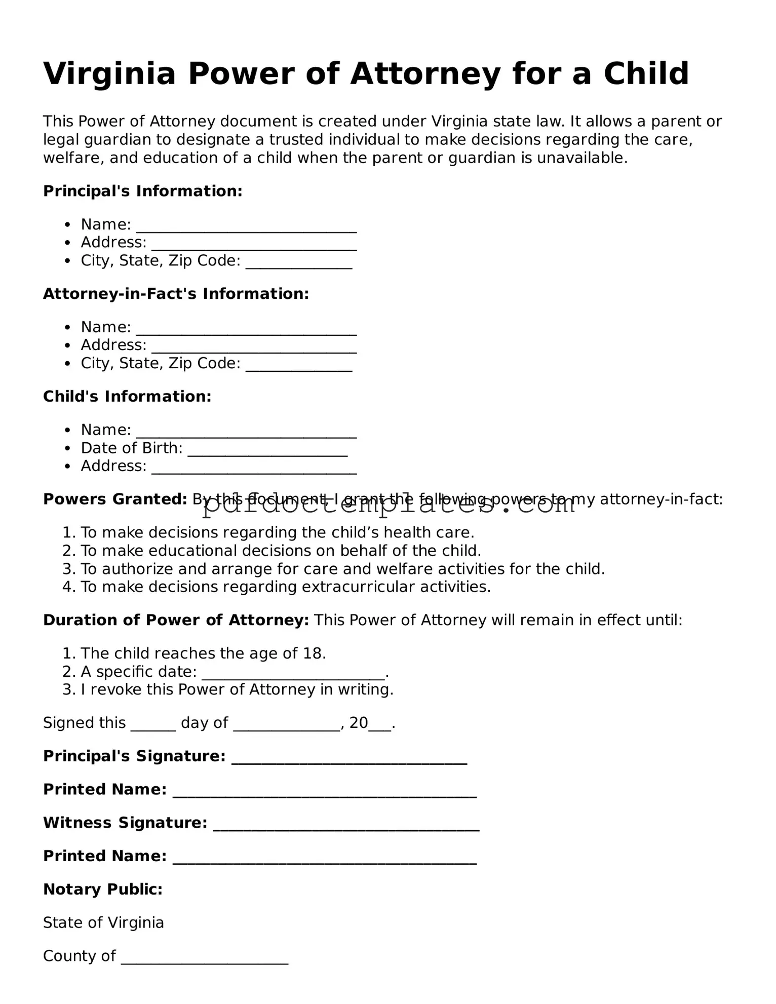 Blank  Power of Attorney for a Child Document for Virginia