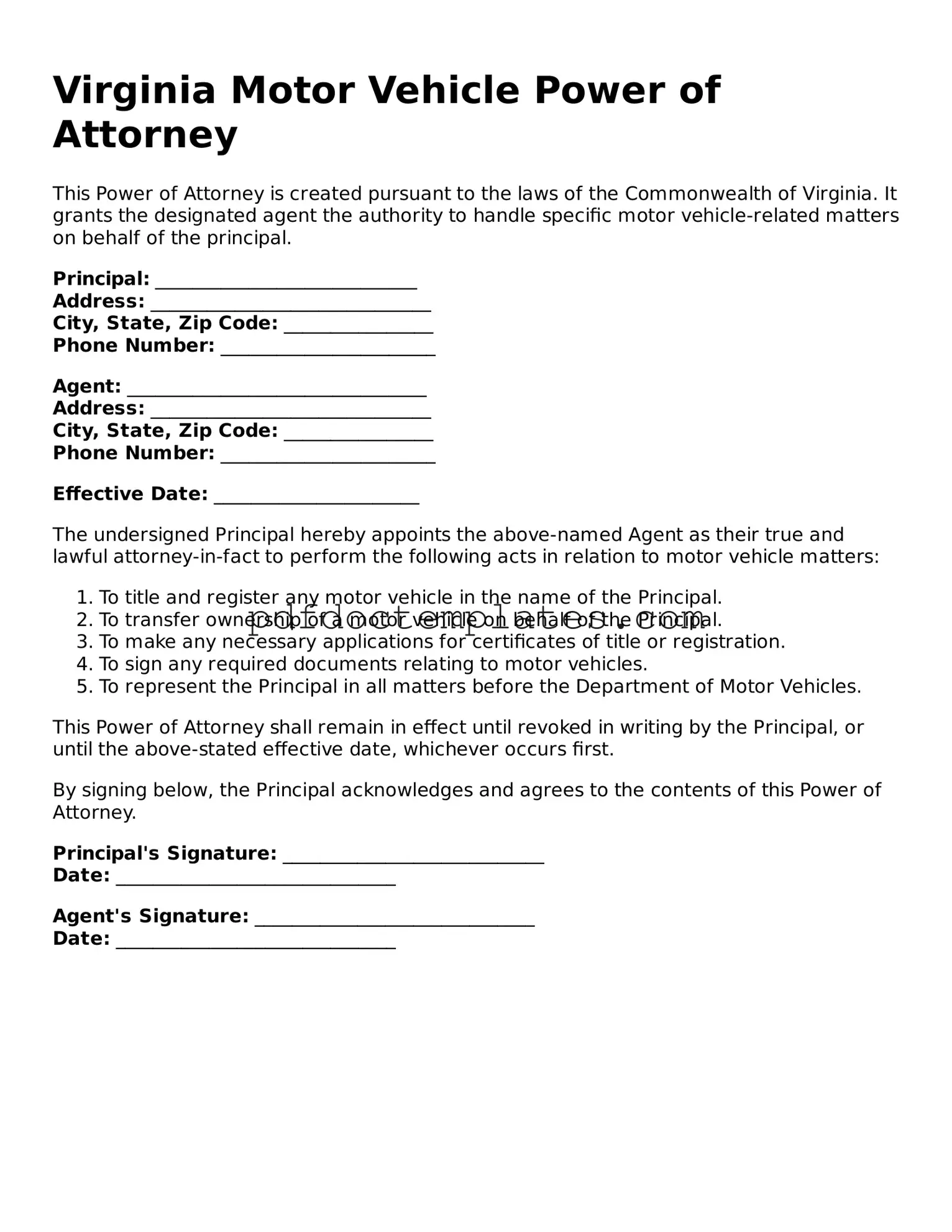 Blank  Motor Vehicle Power of Attorney Document for Virginia